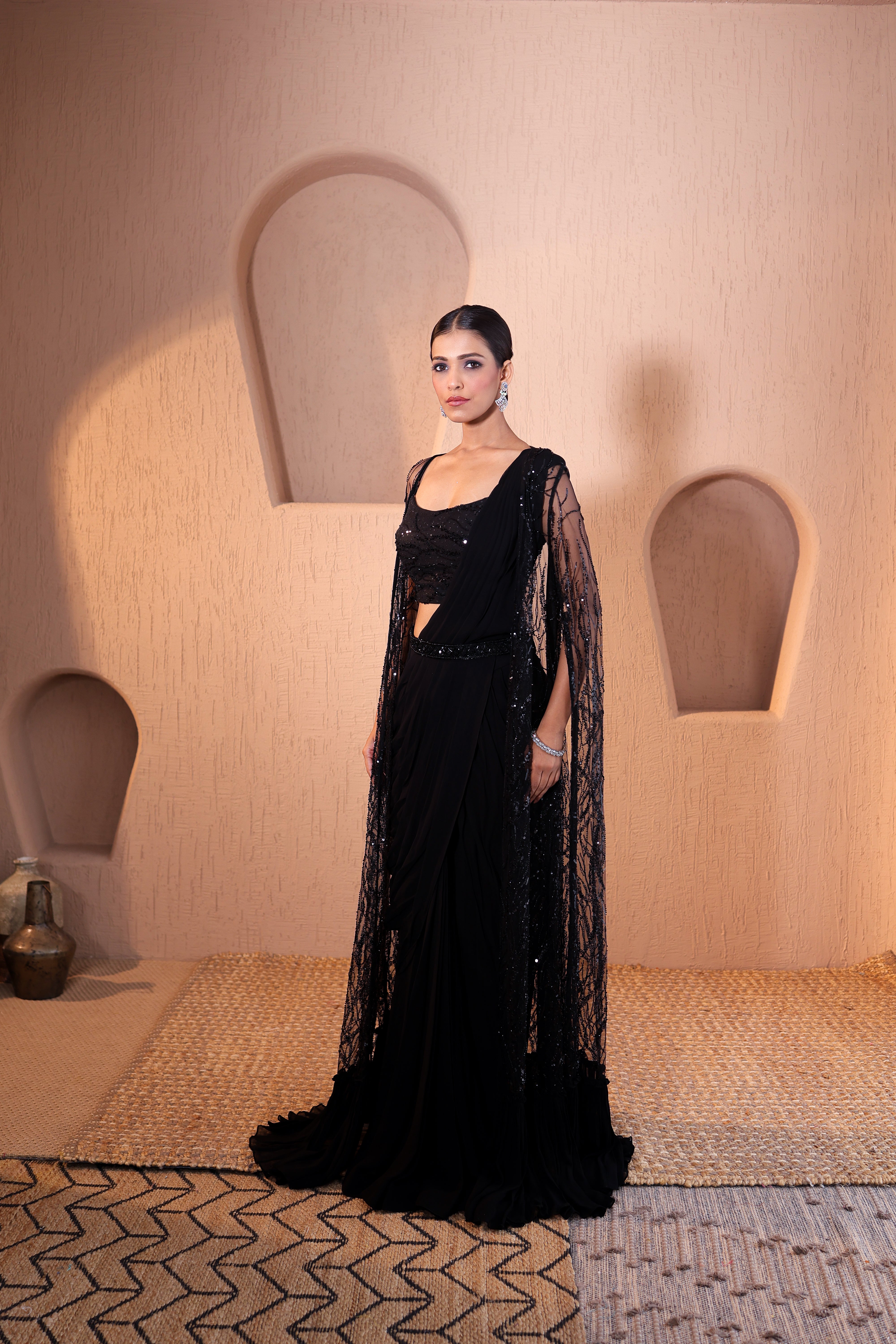 Black Georgette Drape Saree with Embellished Cutdana Cape
