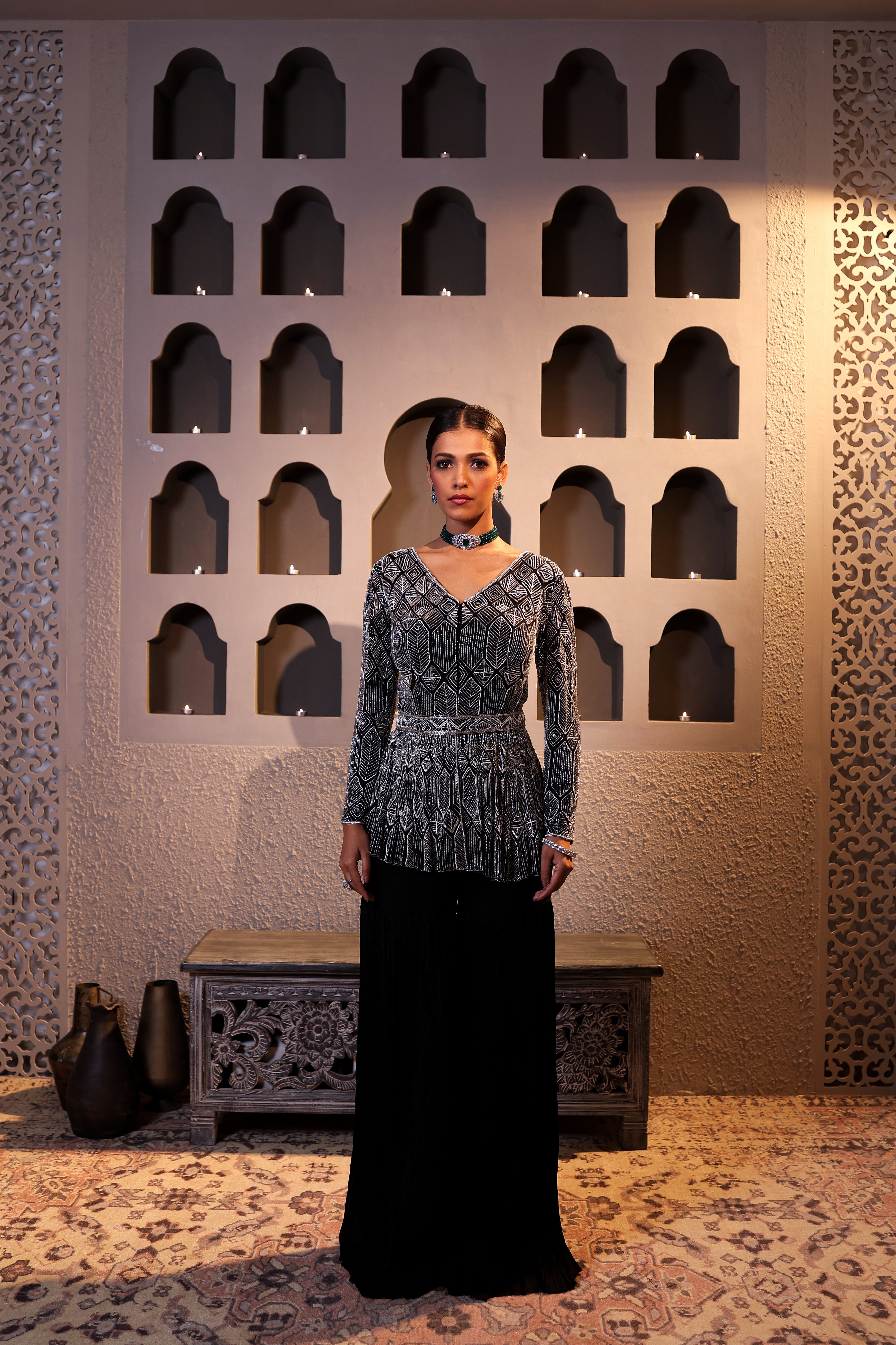 Black Satin Fusion Palazzo Set with Cutdana &amp; Pearl Embellishments