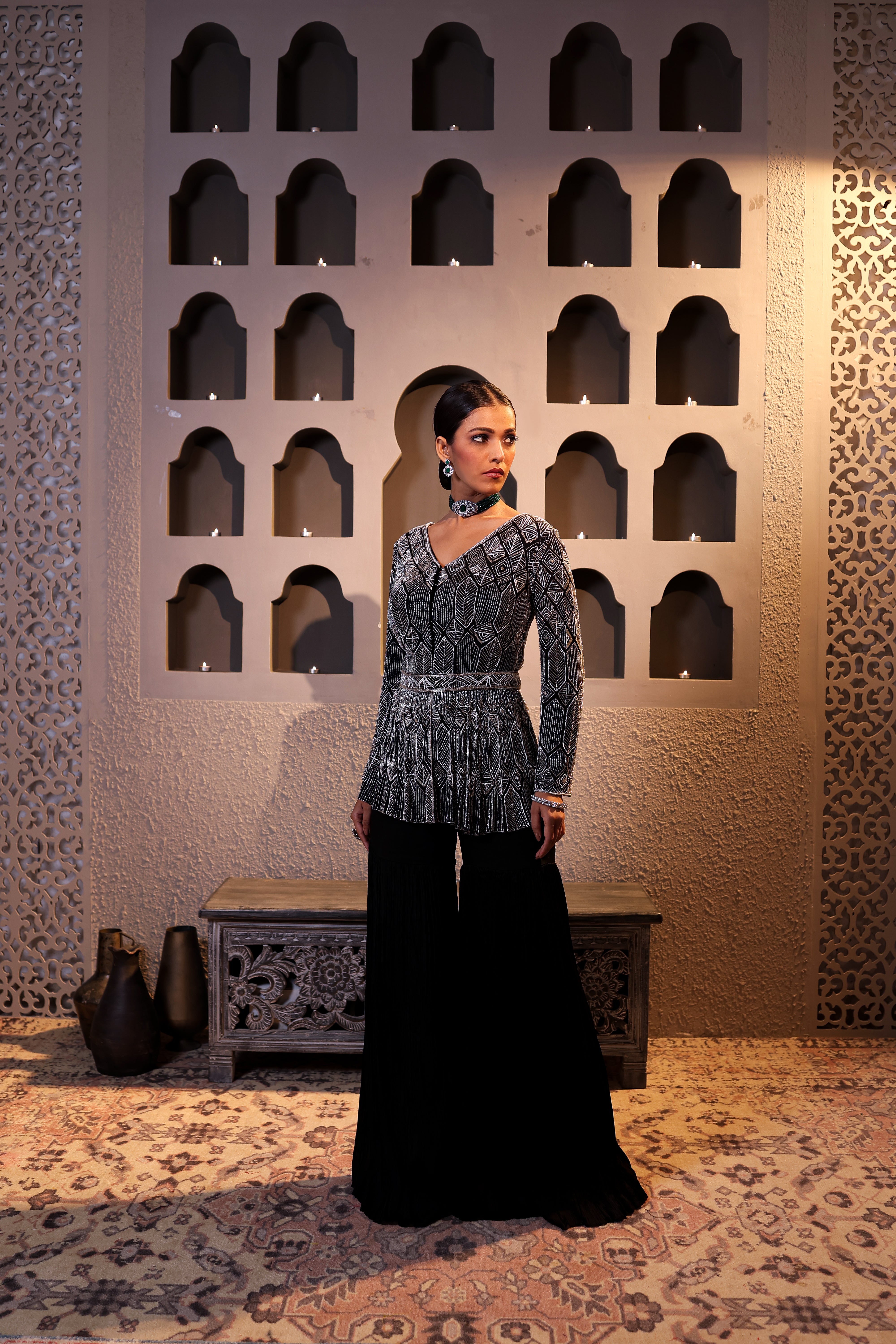 Black Satin Fusion Palazzo Set with Cutdana &amp; Pearl Embellishments