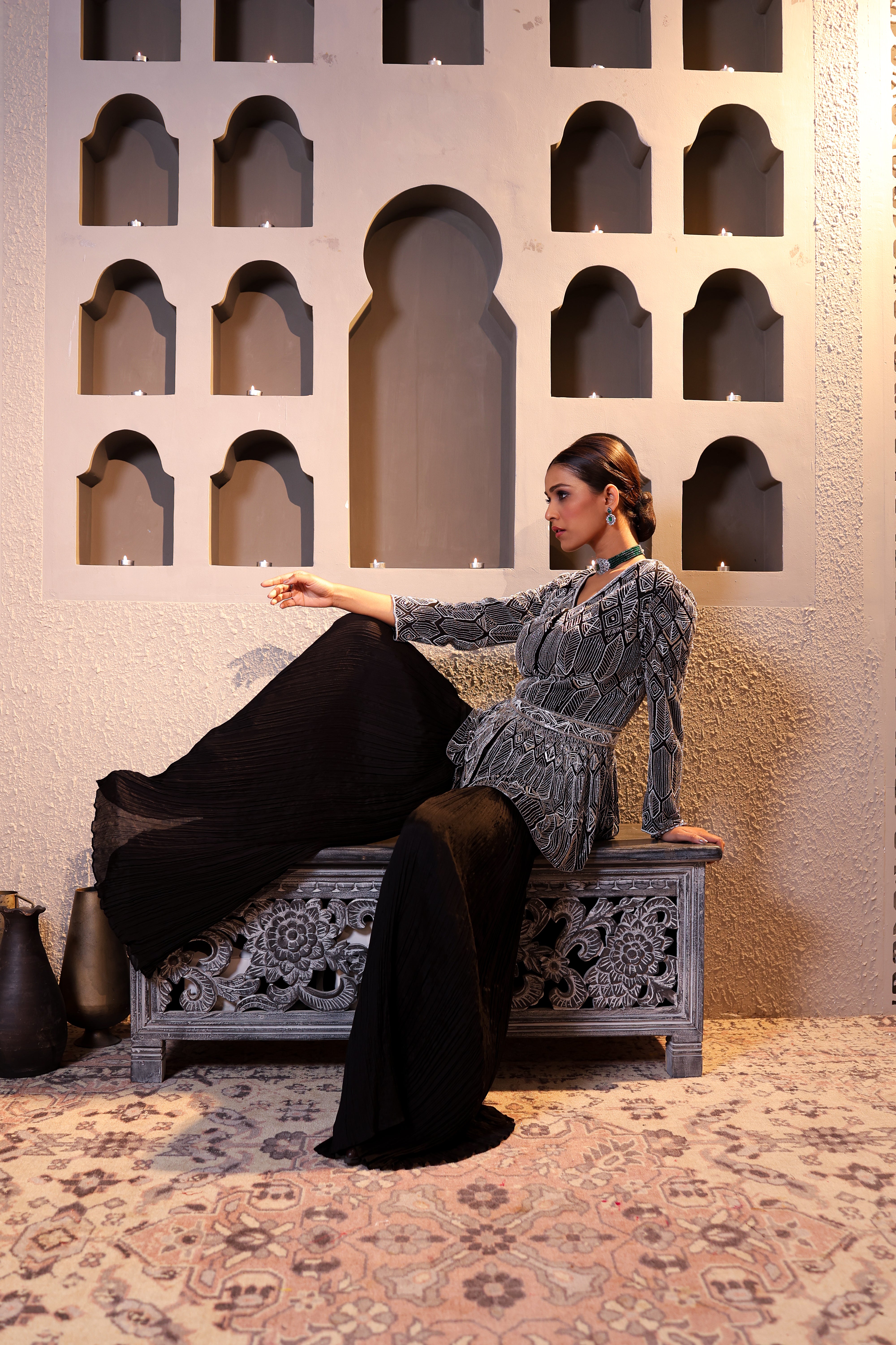 Black Satin Fusion Palazzo Set with Cutdana &amp; Pearl Embellishments