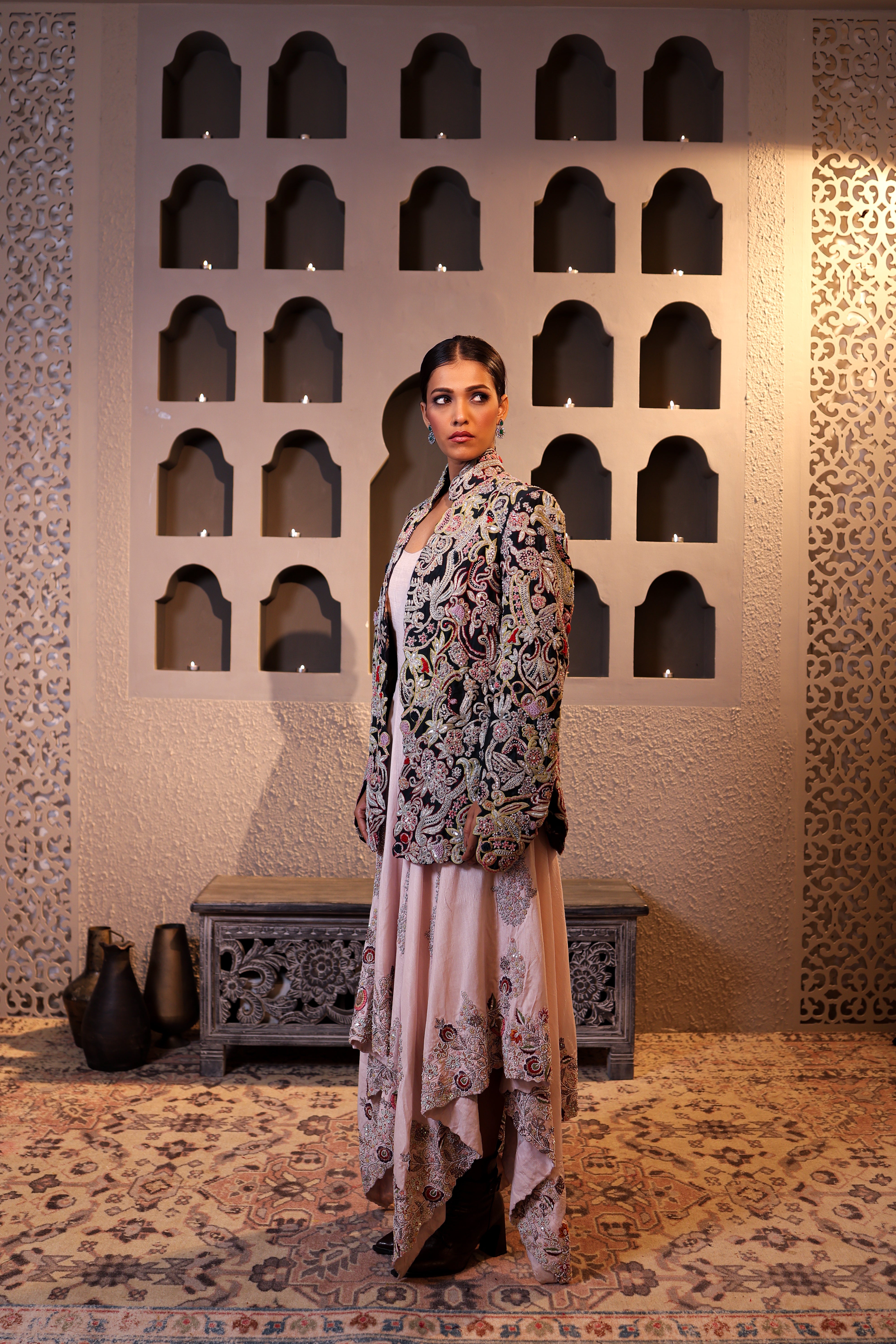 Blush Pink Silk High-Low indo western with Embroidered Statement Jacket