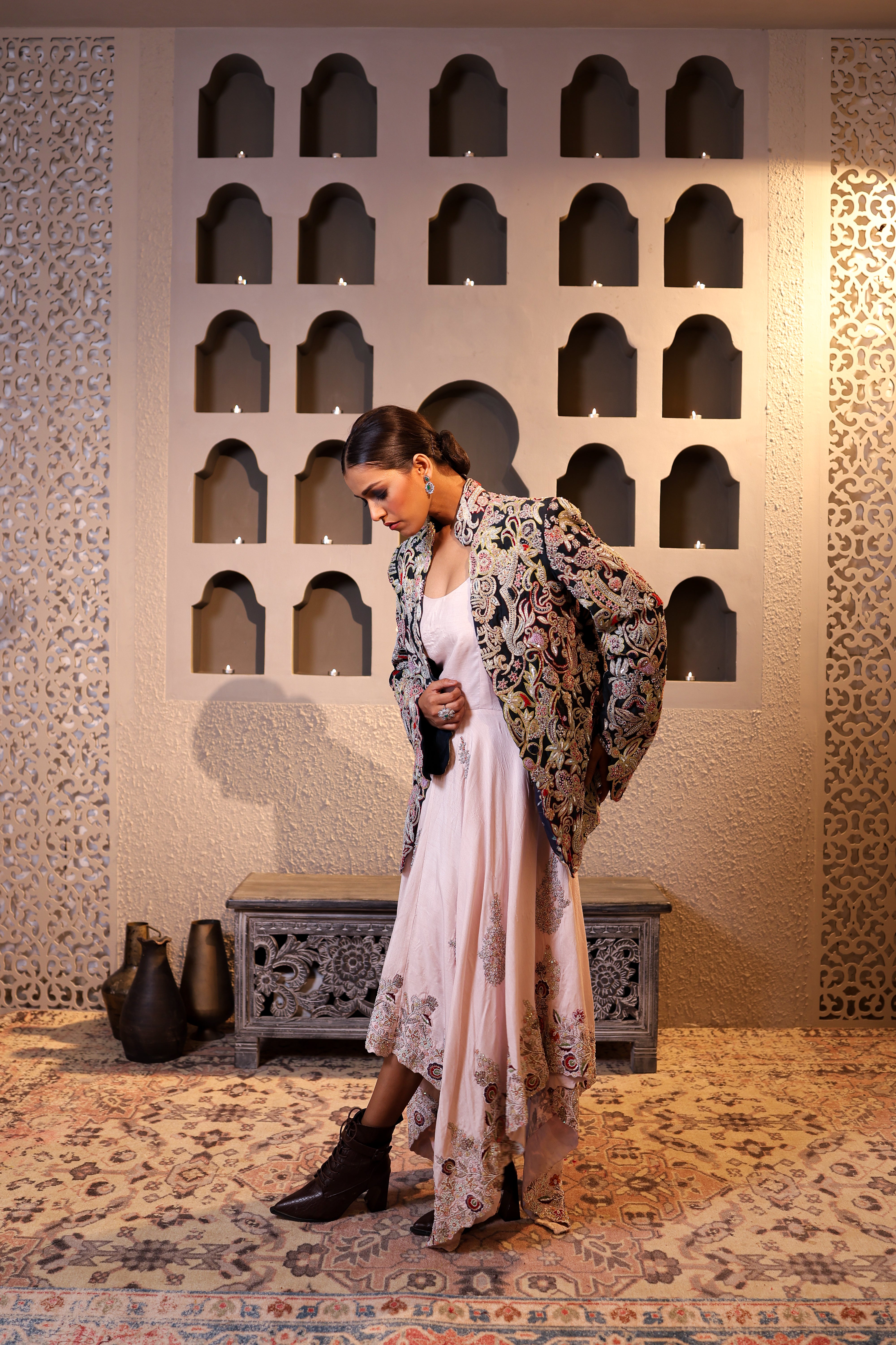 Blush Pink Silk High-Low indo western with Embroidered Statement Jacket