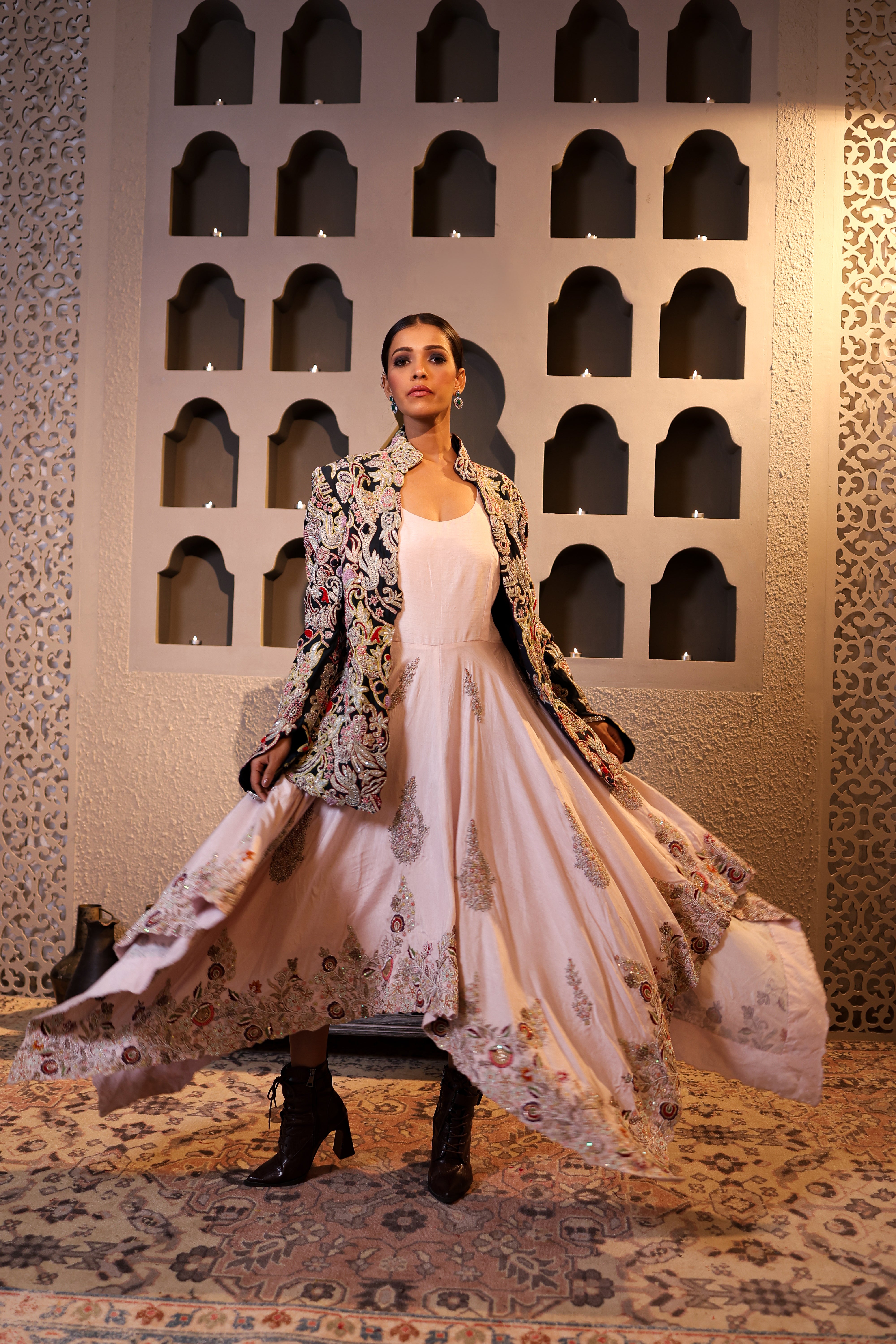 Blush Pink Silk High-Low indo western with Embroidered Statement Jacket