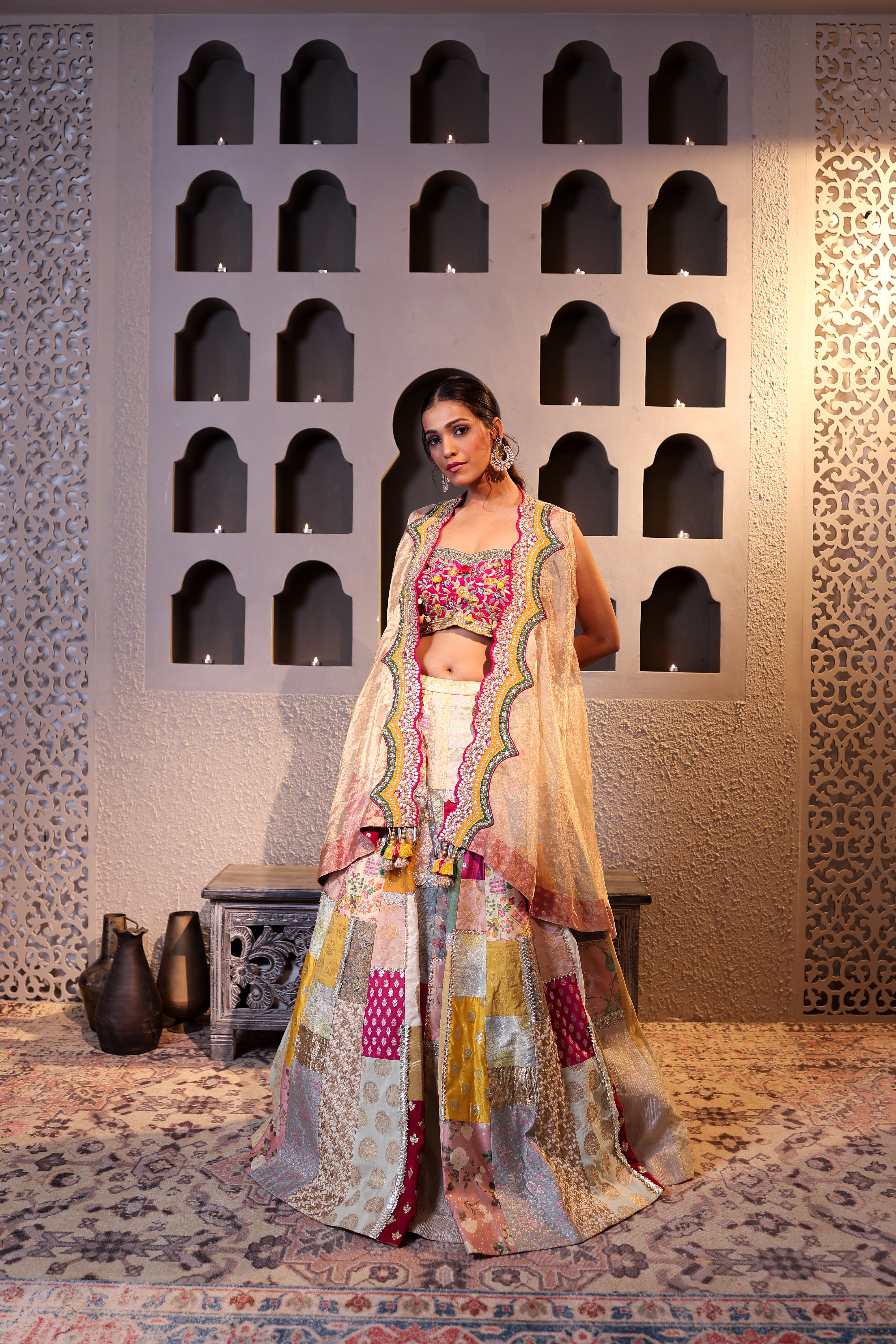 Patchwork Banarasi Lehenga Set with Embroidered Tissue Cape