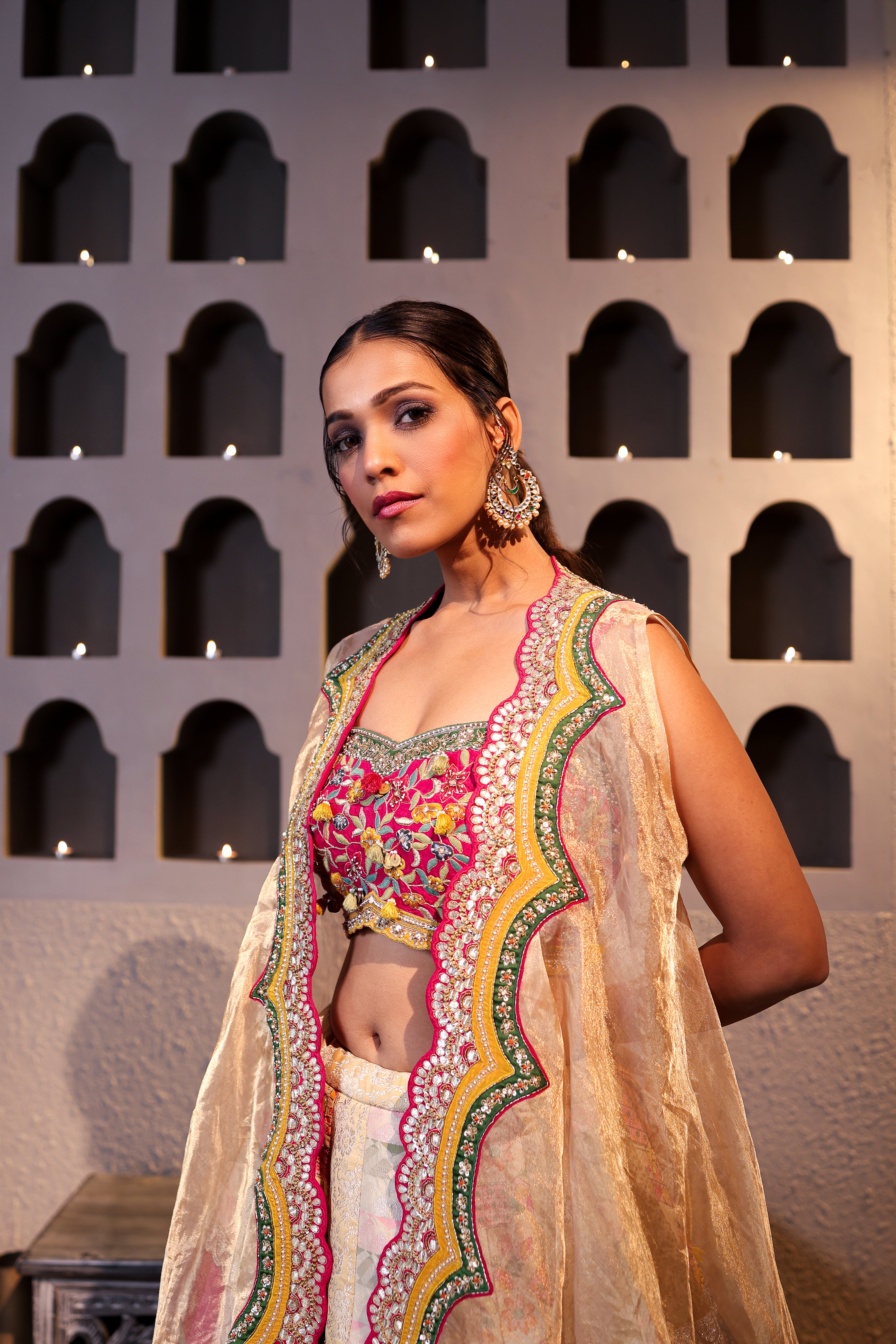 Patchwork Banarasi Lehenga Set with Embroidered Tissue Cape