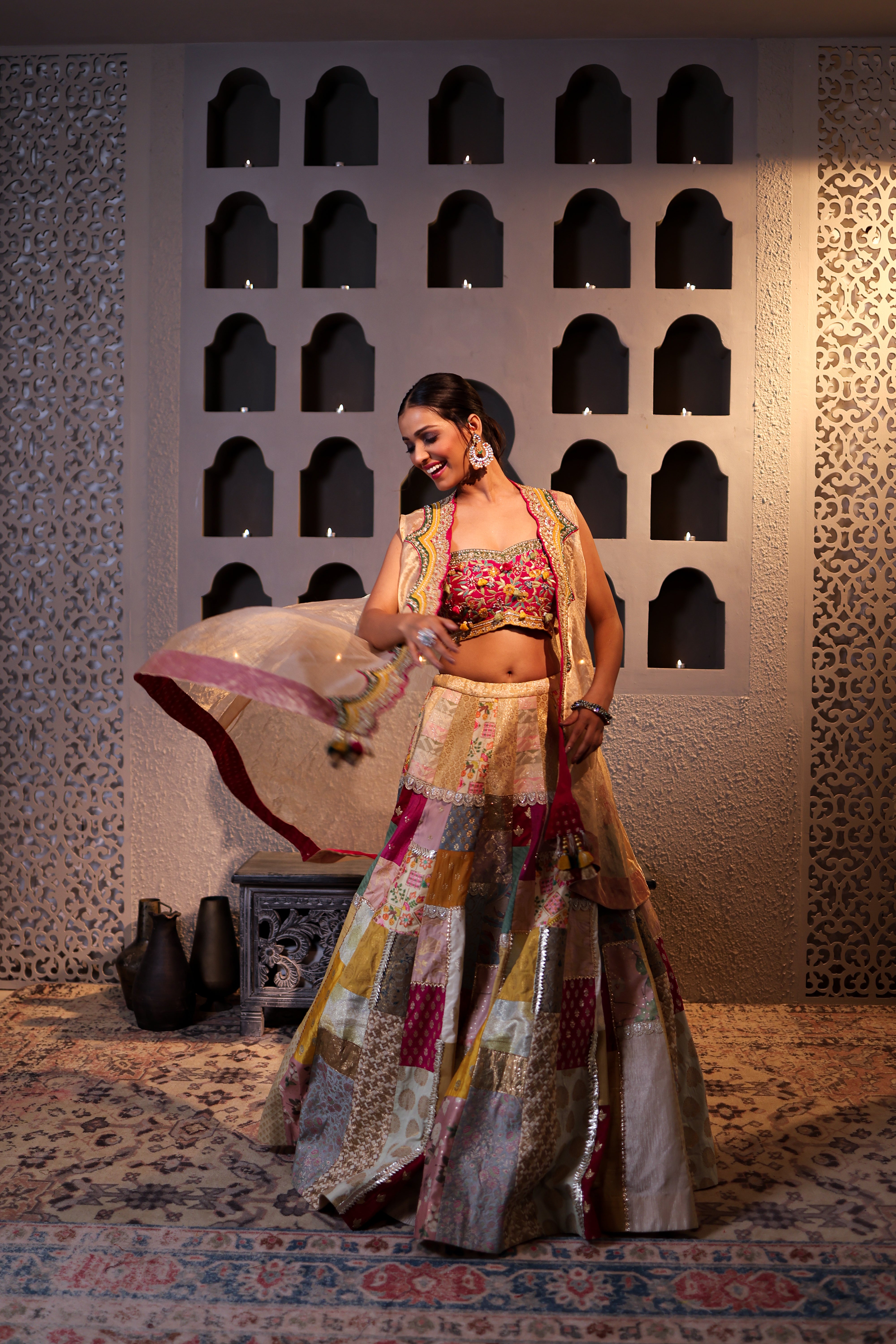 Patchwork Banarasi Lehenga Set with Embroidered Tissue Cape