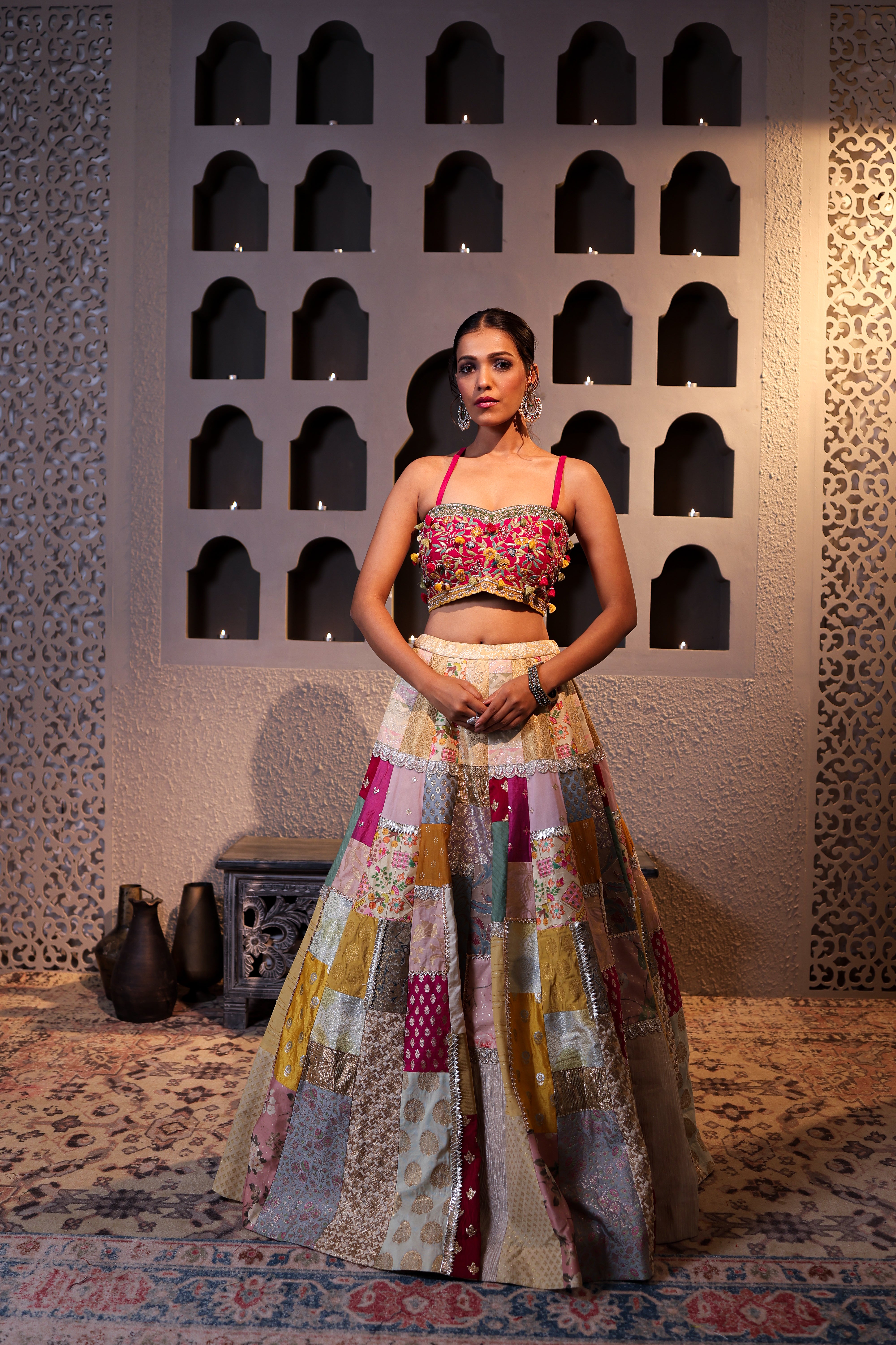 Patchwork Banarasi Lehenga Set with Embroidered Tissue Cape
