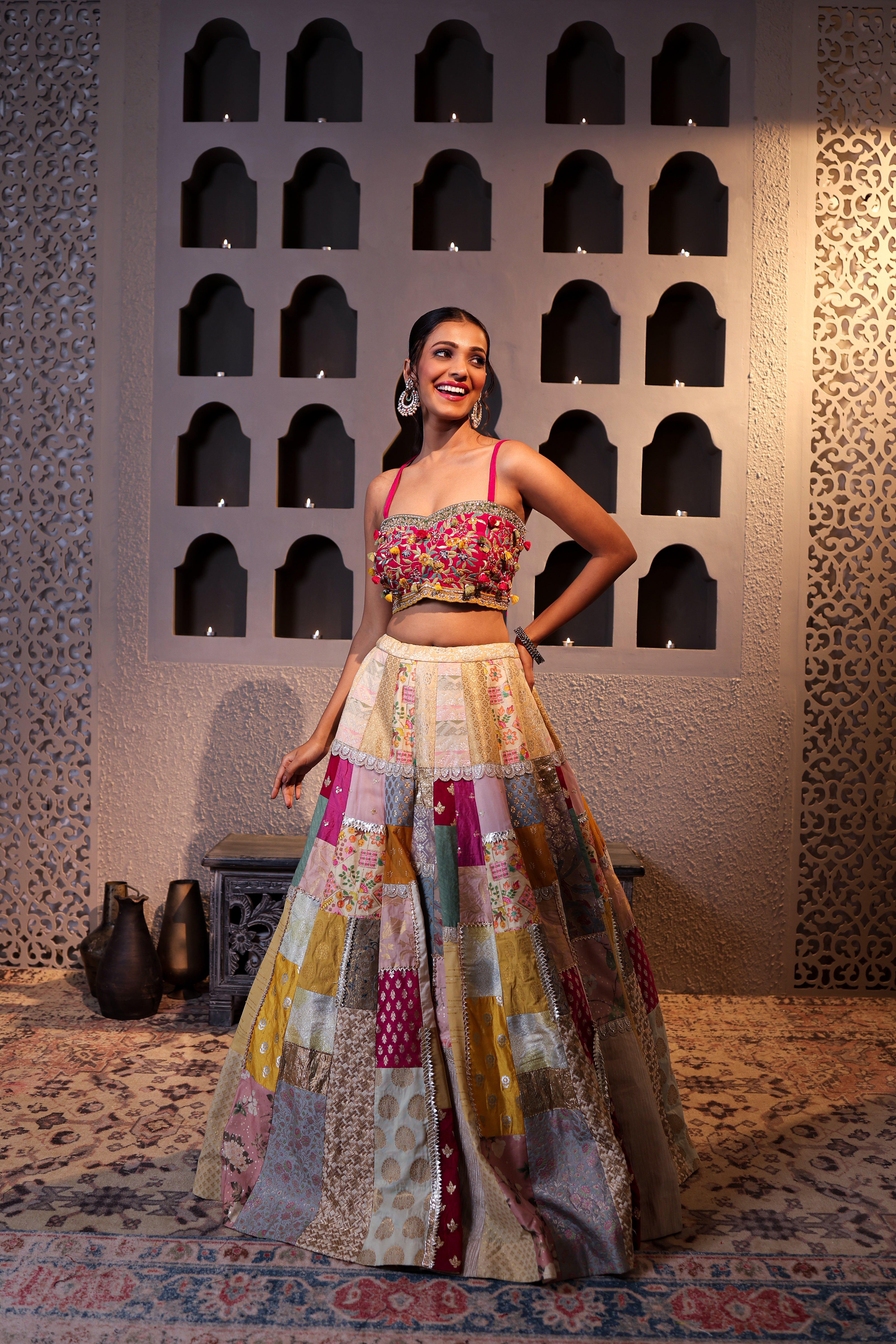 Patchwork Banarasi Lehenga Set with Embroidered Tissue Cape