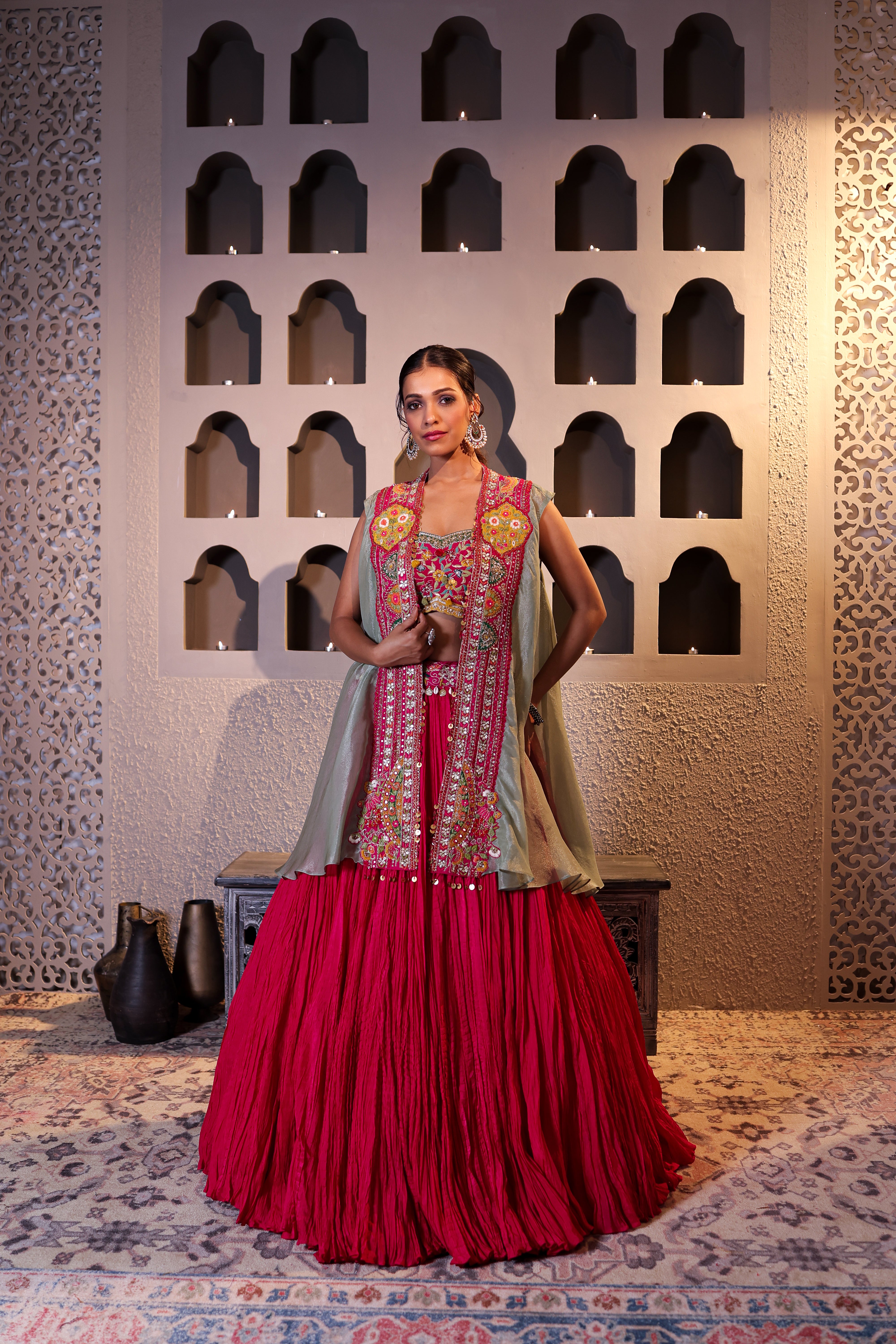 Crimson Silk Cape Lehenga Set