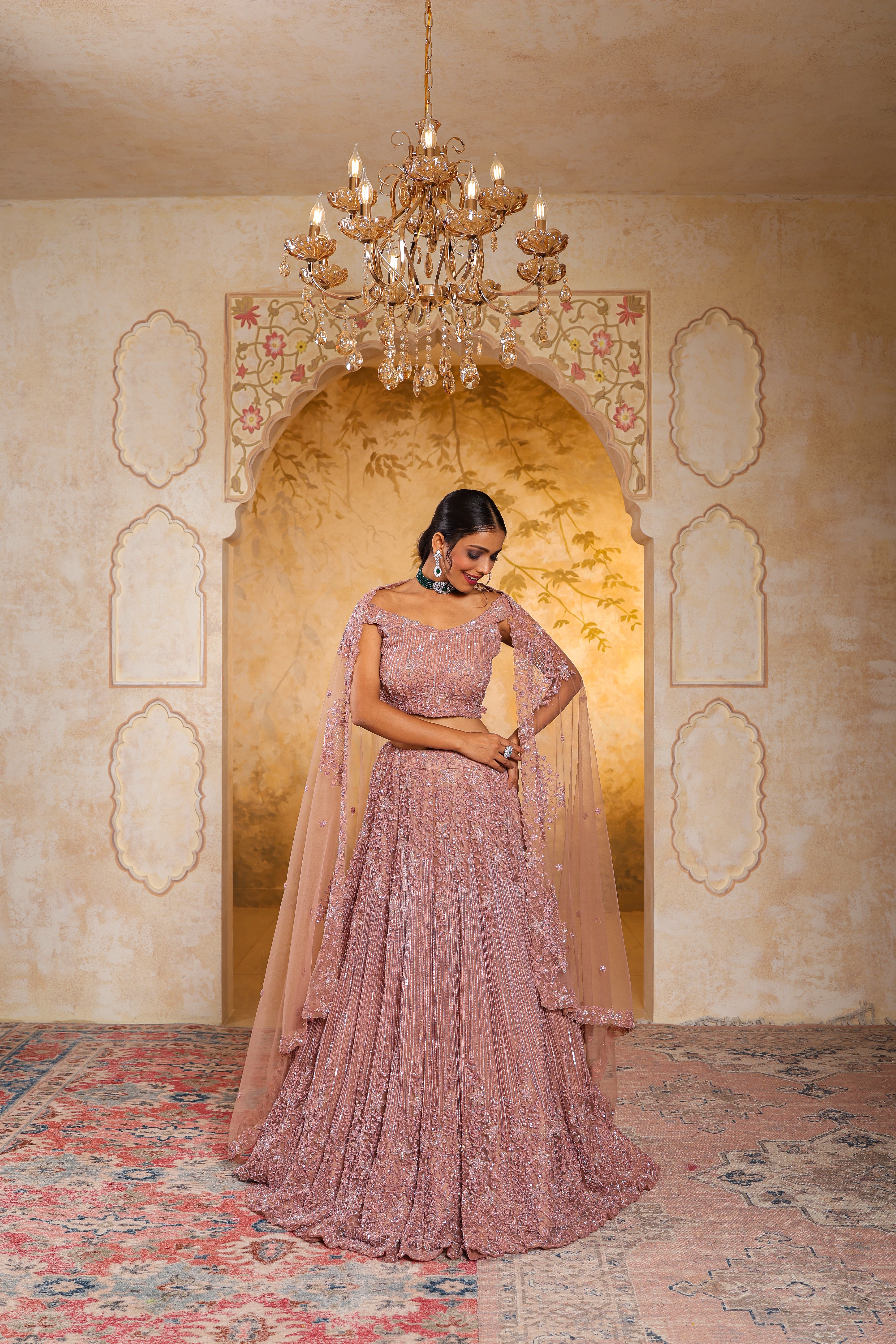 Powder Peach Off-Shoulder Lehenga Set