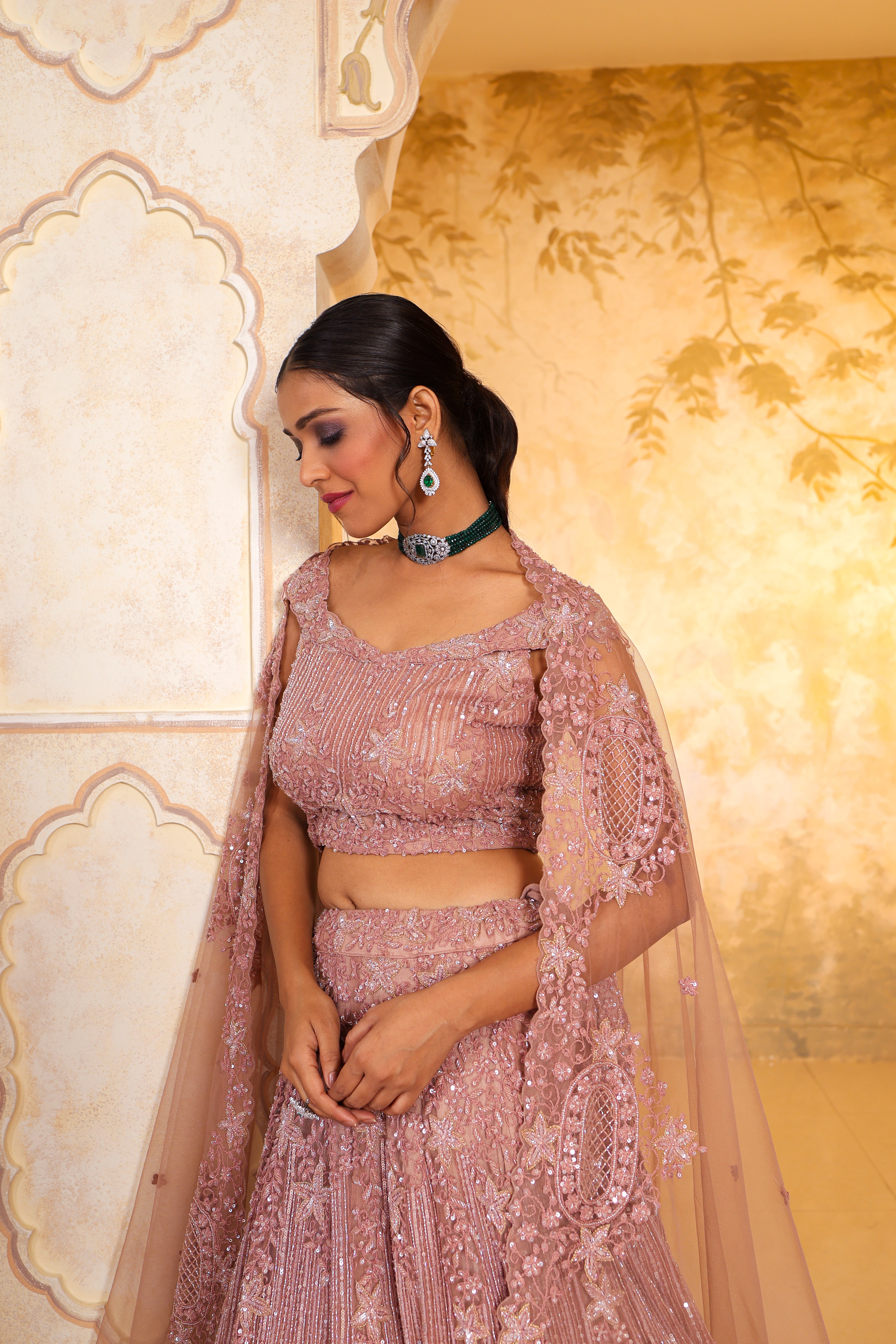 Powder Peach Off-Shoulder Lehenga Set
