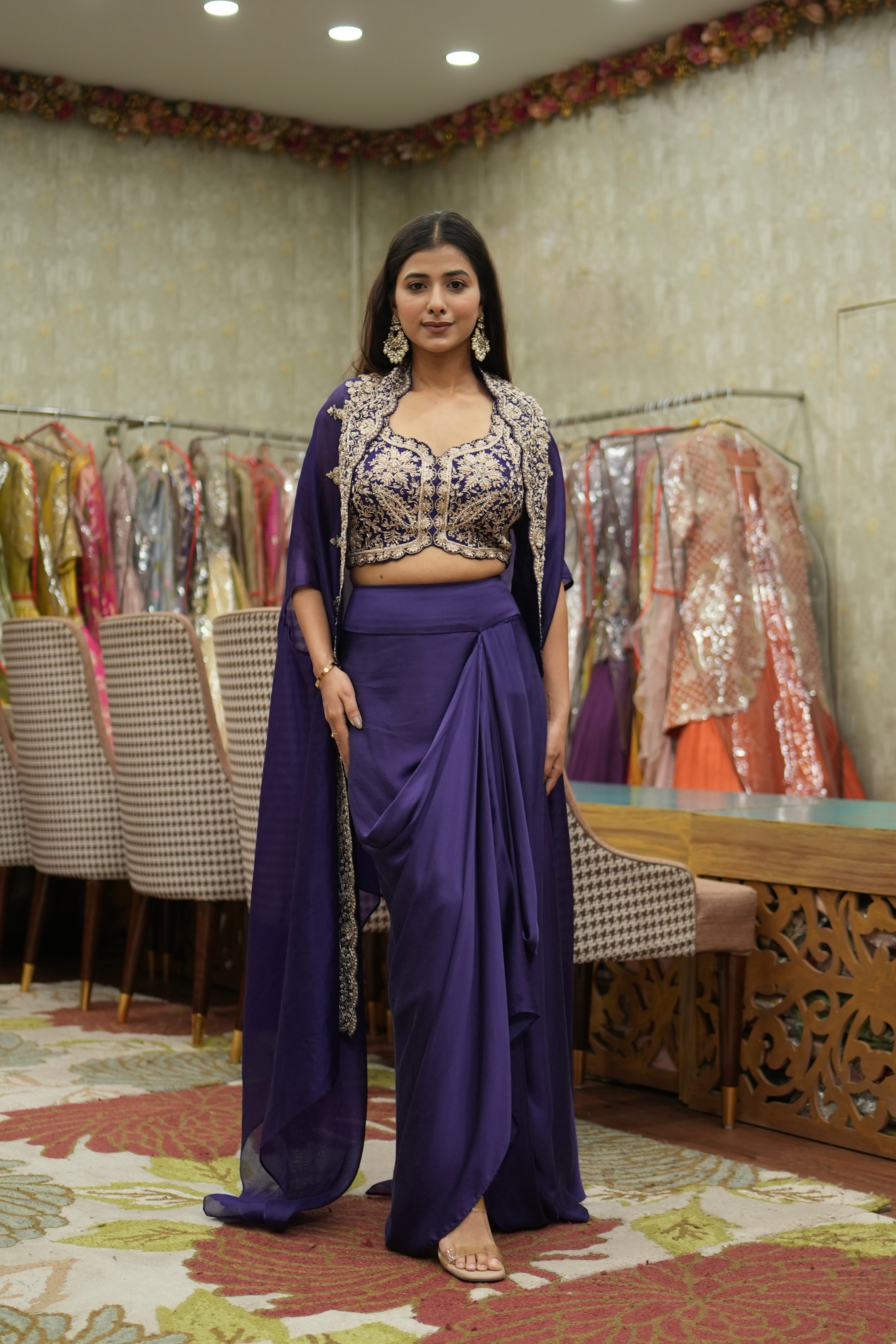Silk Zari Embroidered Cape Set – Royal Purple
