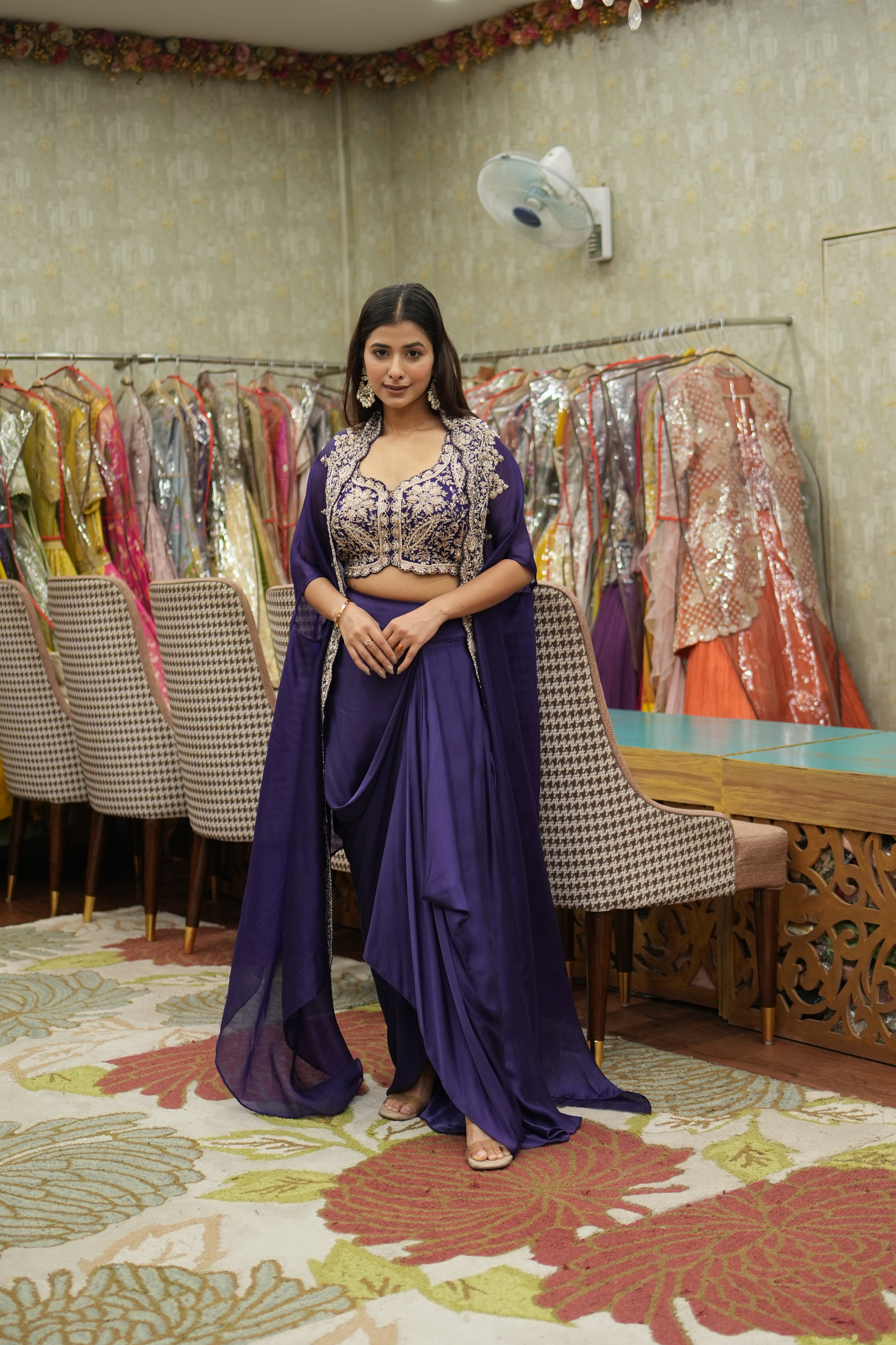 Silk Zari Embroidered Cape Set – Royal Purple