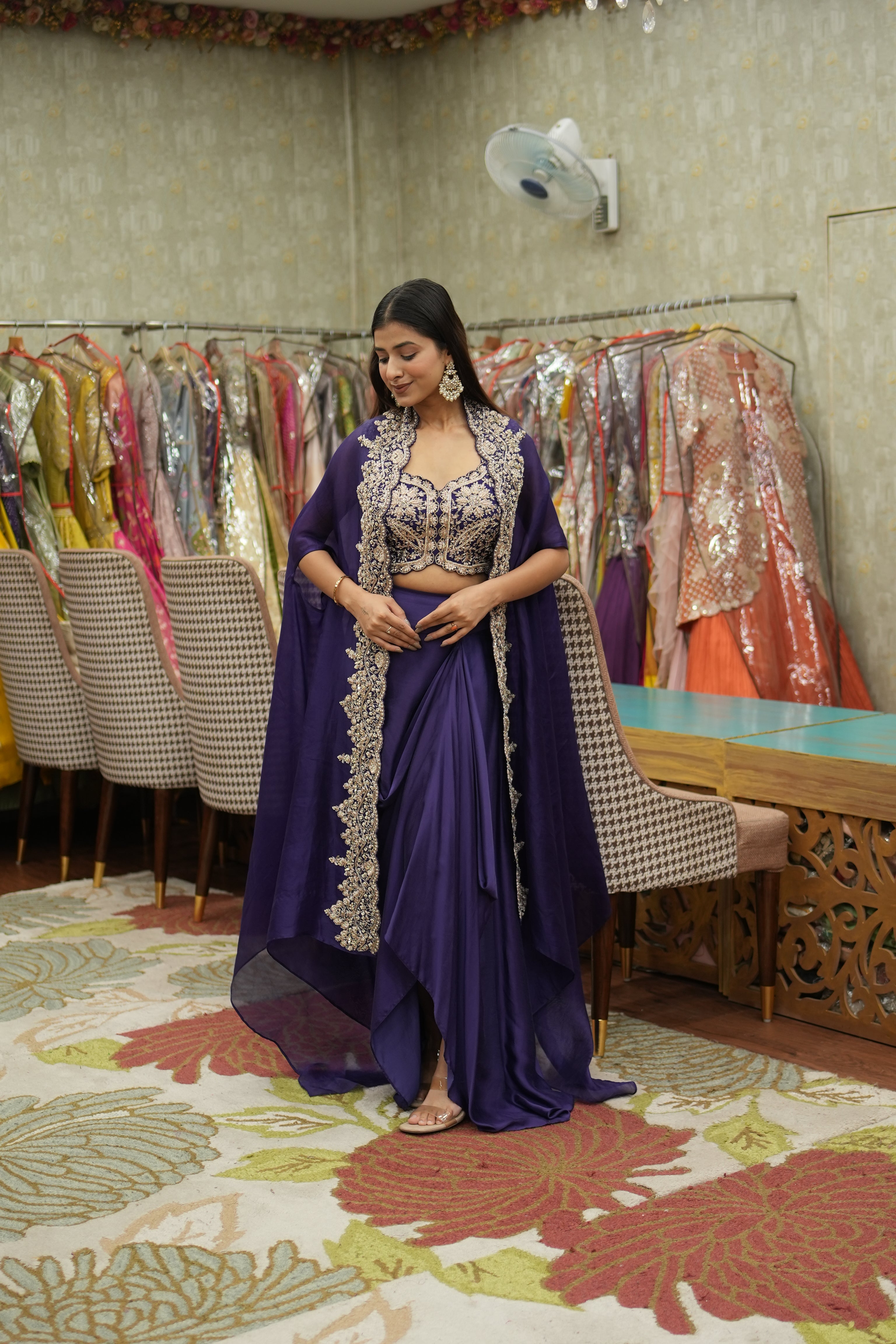 Silk Zari Embroidered Cape Set – Royal Purple