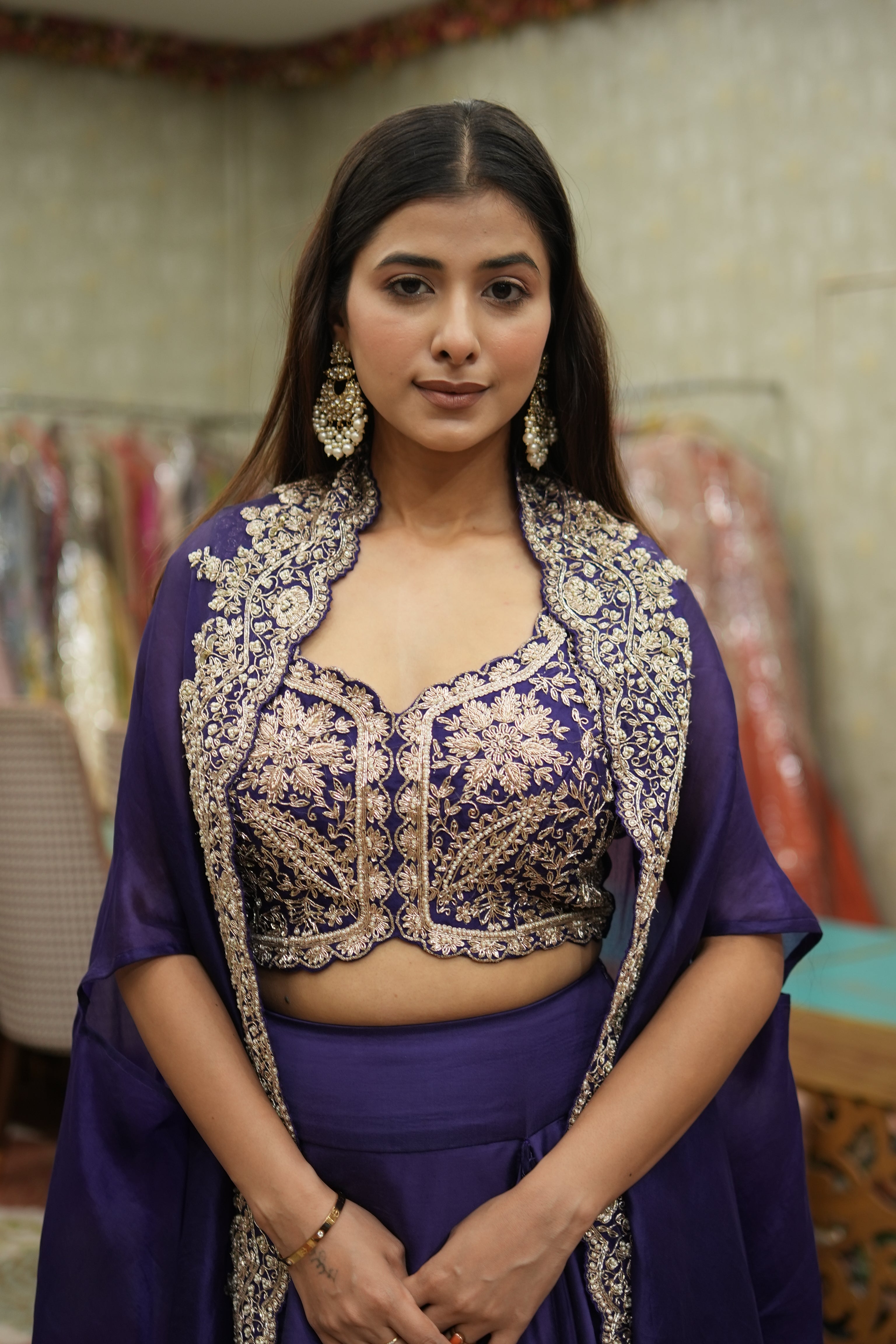 Silk Zari Embroidered Cape Set – Royal Purple