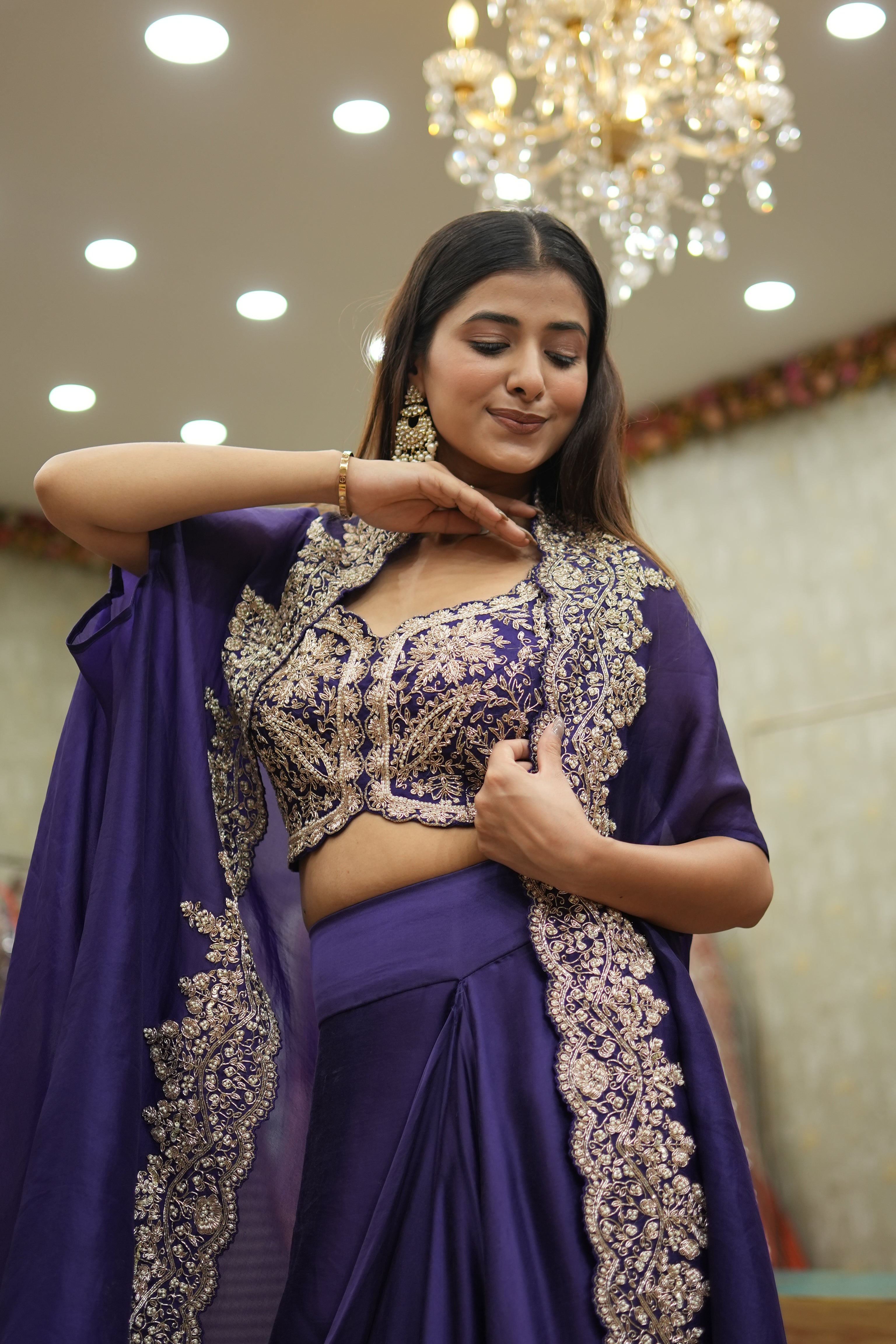 Silk Zari Embroidered Cape Set – Royal Purple