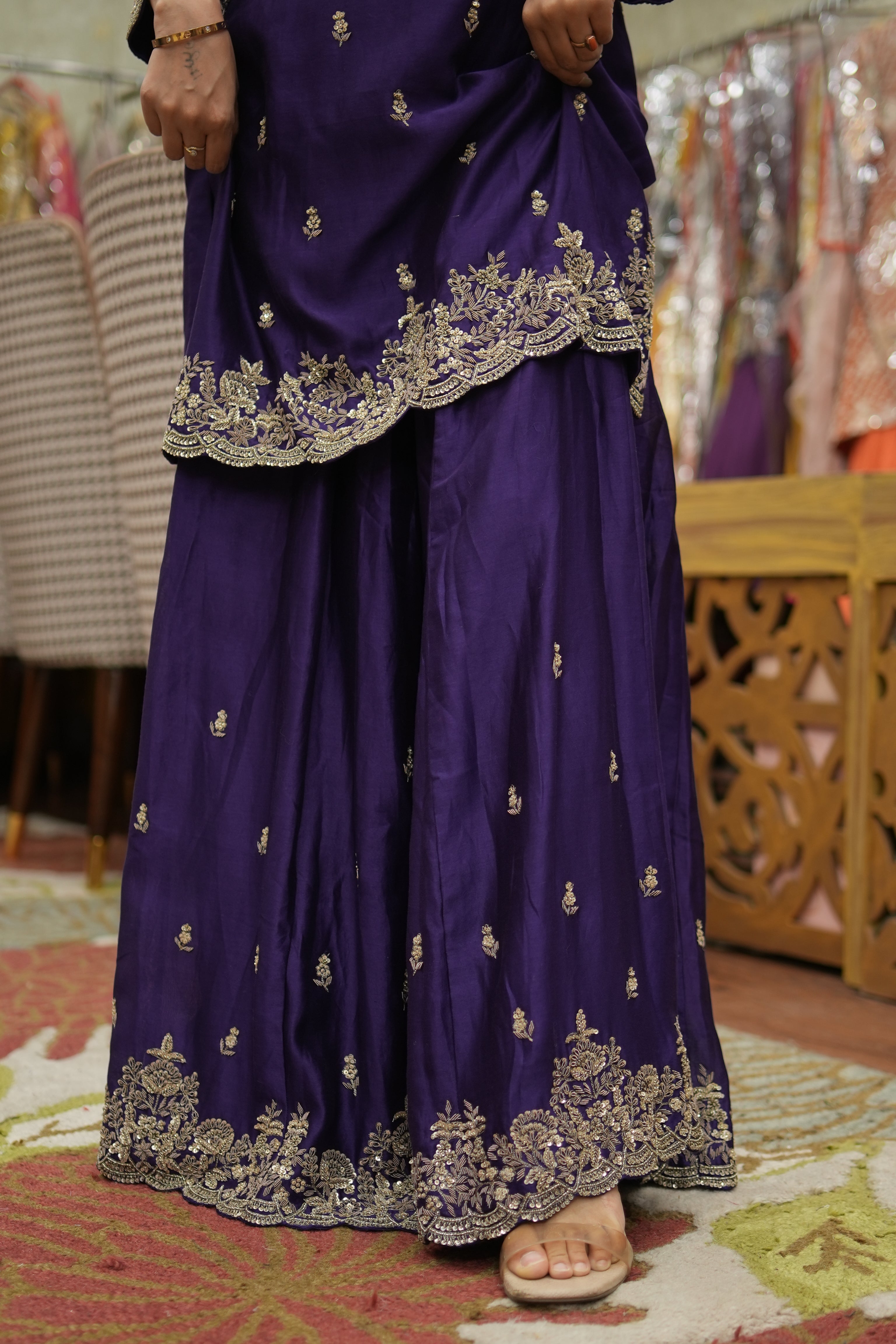 Royal Purple Hand-Embroidered Kurta Sharara Set