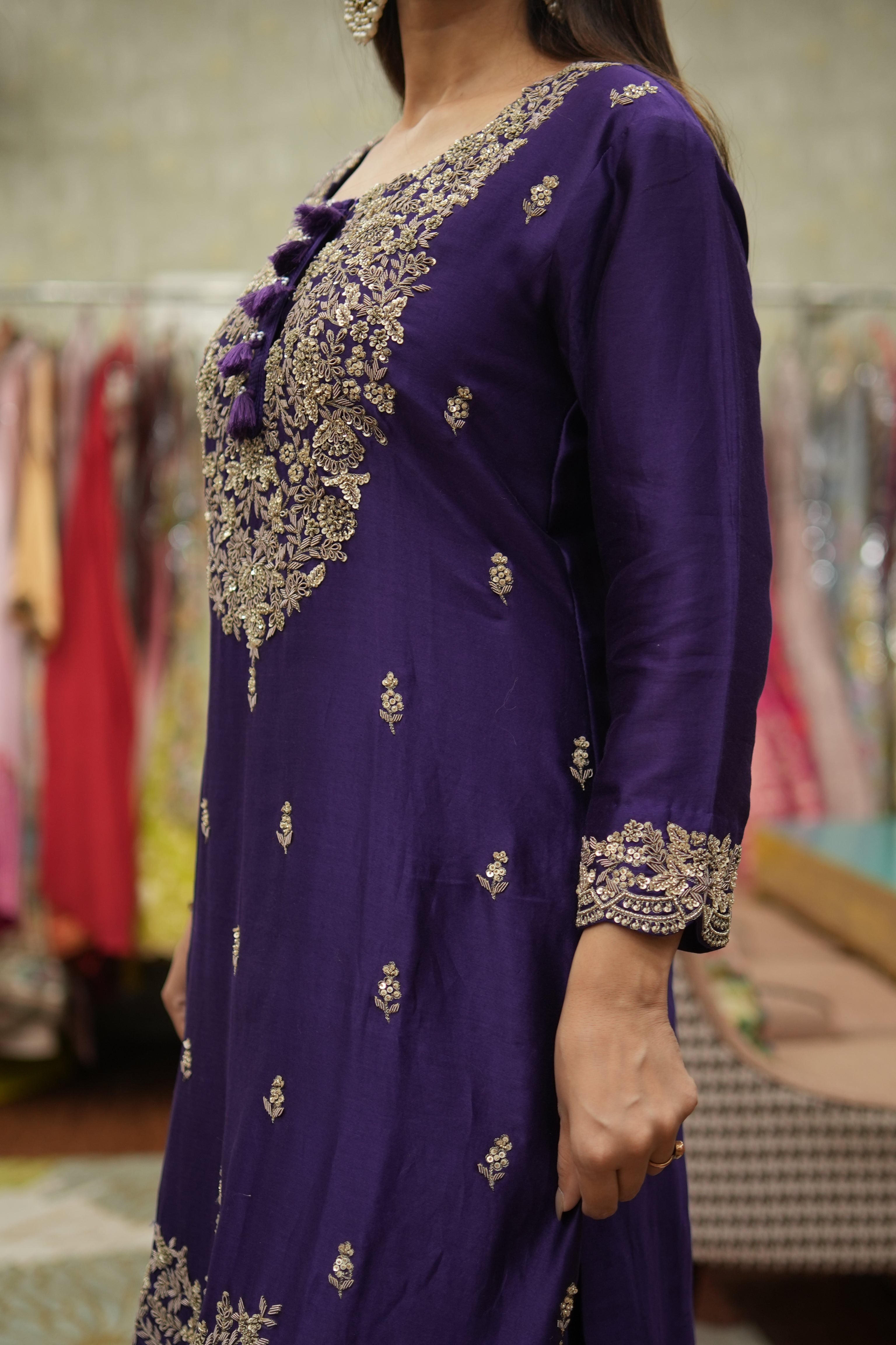 Royal Purple Hand-Embroidered Kurta Sharara Set