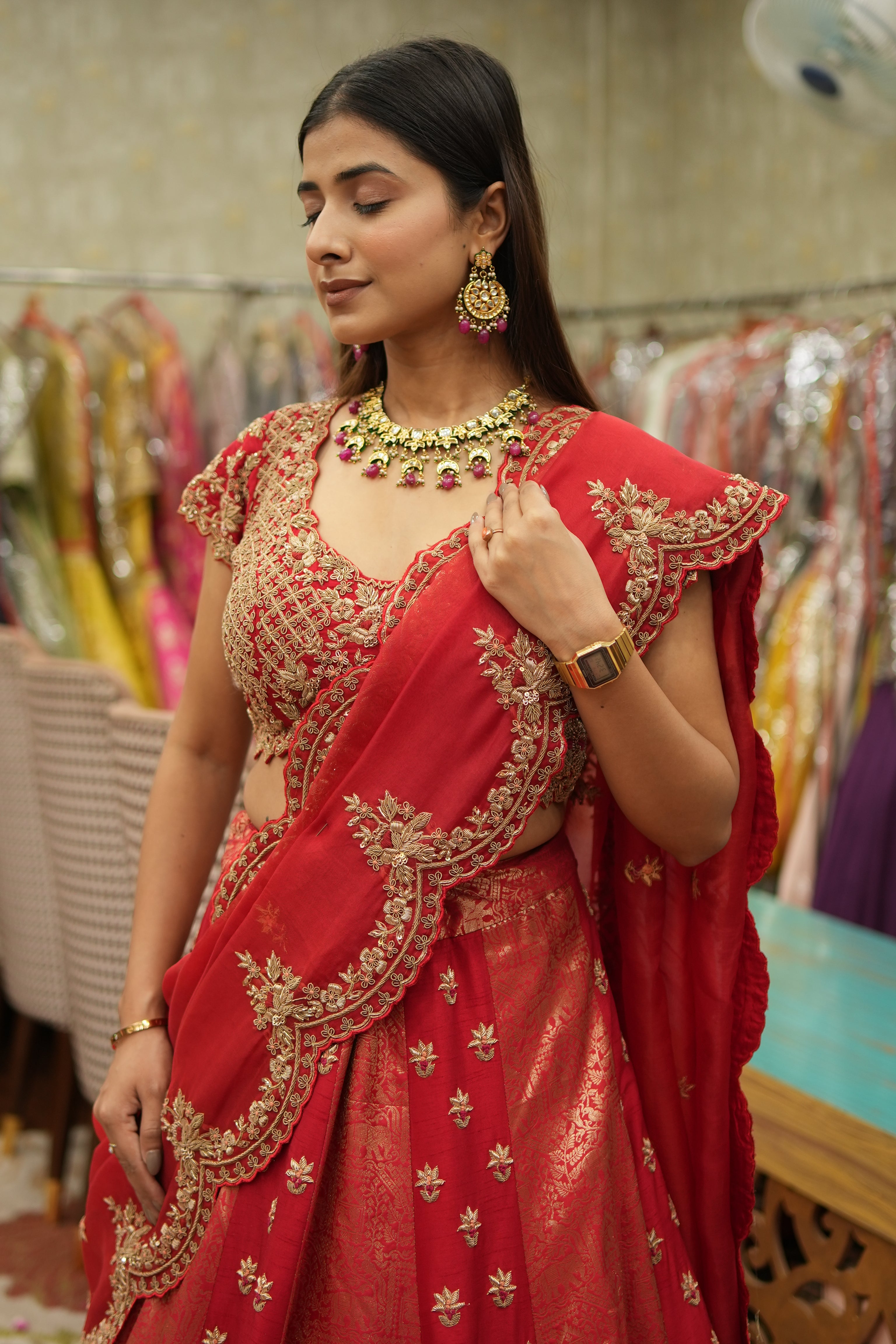 Handcrafted Banarasi Silk Zari Lehenga Set – Red