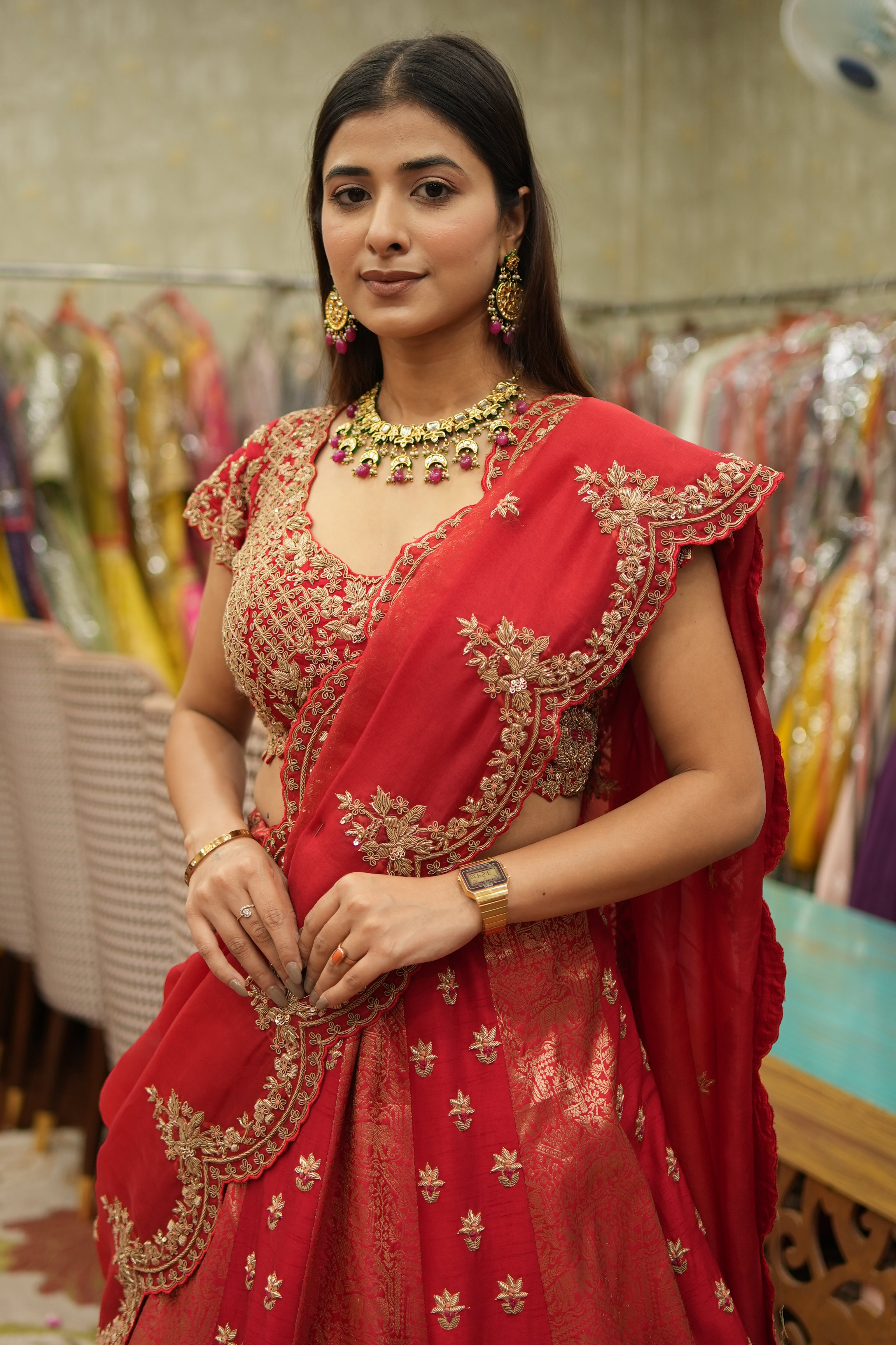 Handcrafted Banarasi Silk Zari Lehenga Set – Red