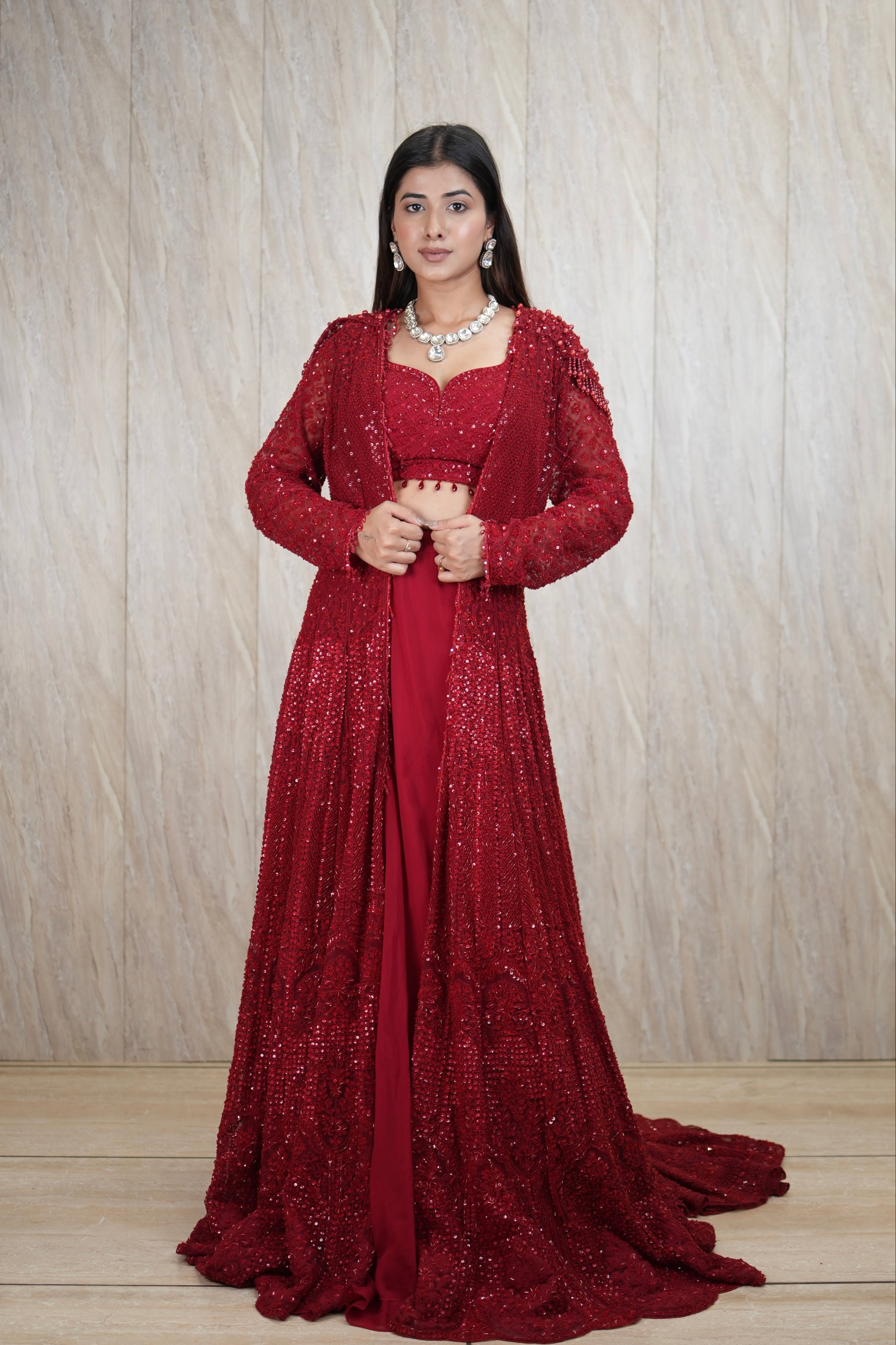 Signature Scarlet Hand-Embroidered Jacket Set with Trail