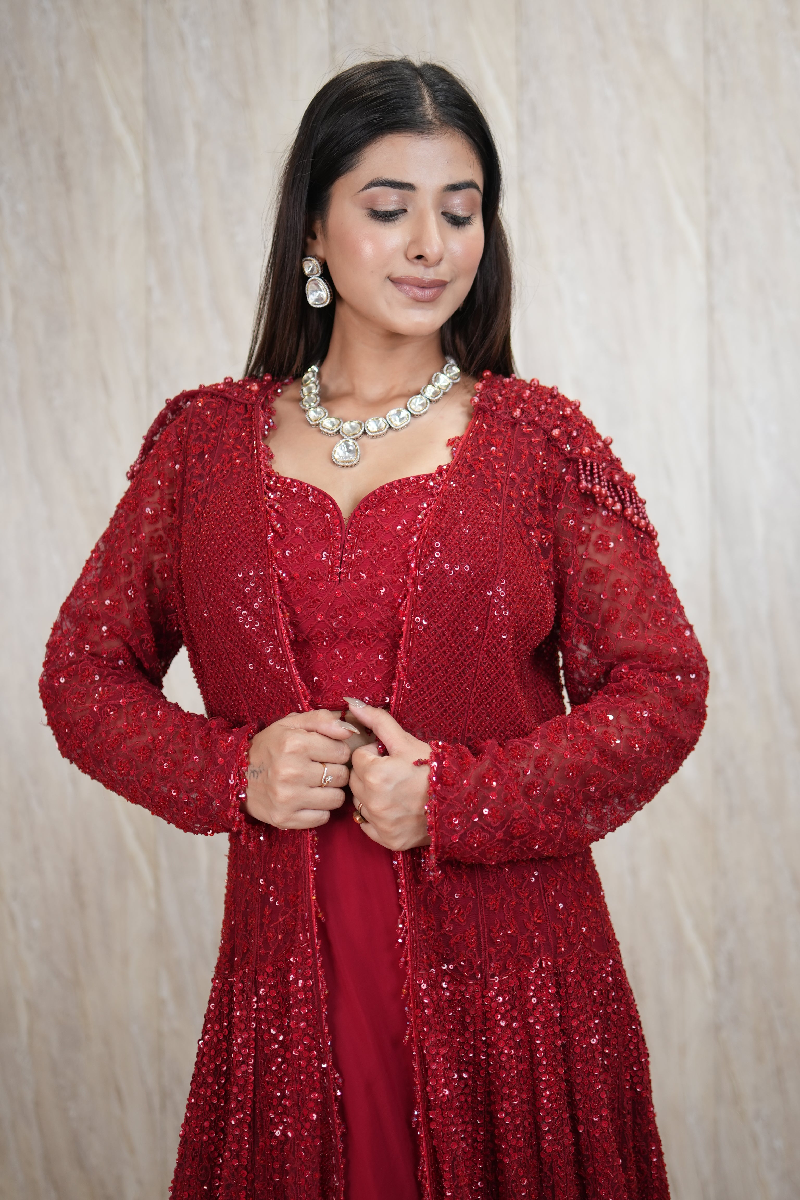 Signature Scarlet Hand-Embroidered Jacket Set with Trail