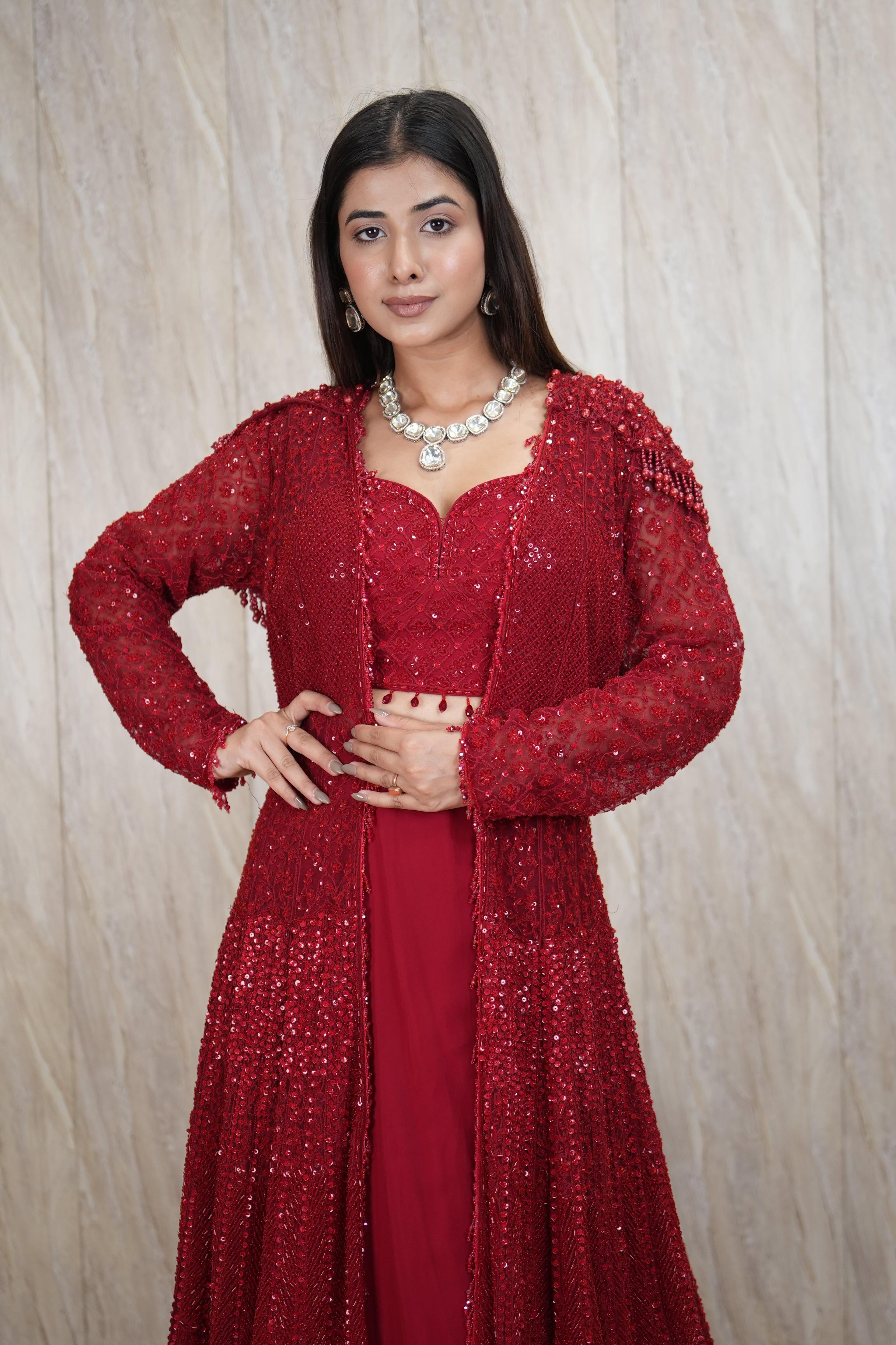 Signature Scarlet Hand-Embroidered Jacket Set with Trail