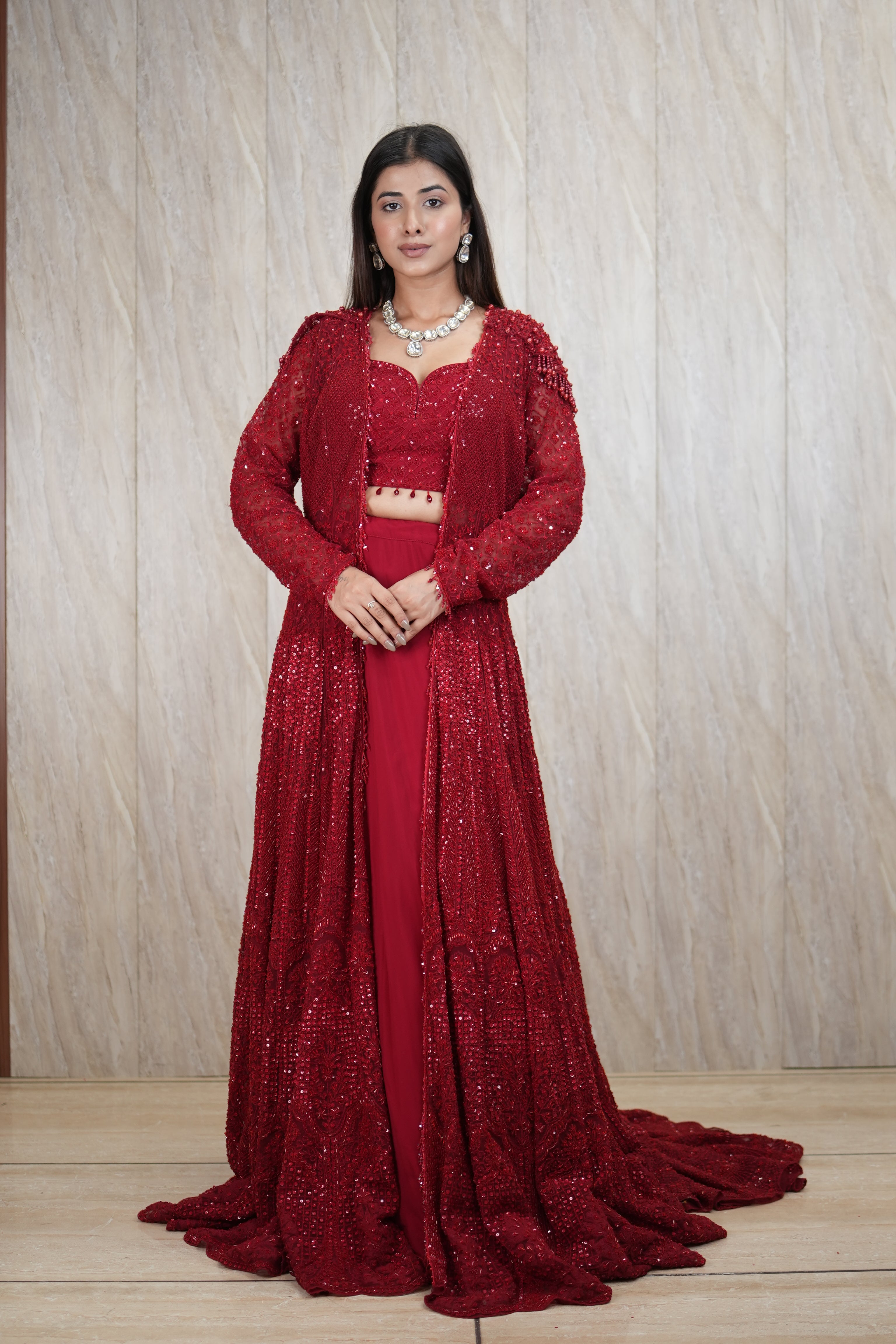 Signature Scarlet Hand-Embroidered Jacket Set with Trail