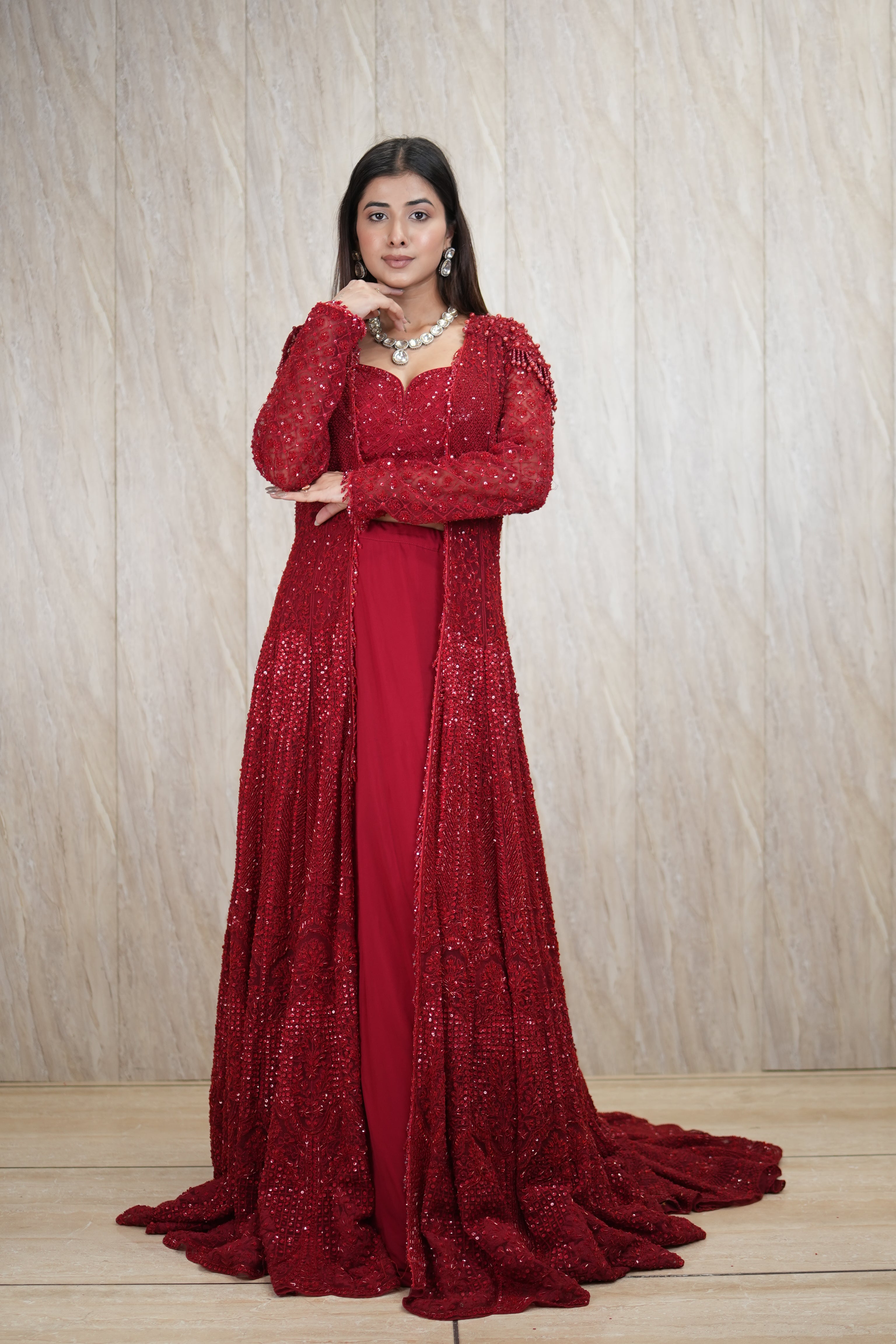 Signature Scarlet Hand-Embroidered Jacket Set with Trail