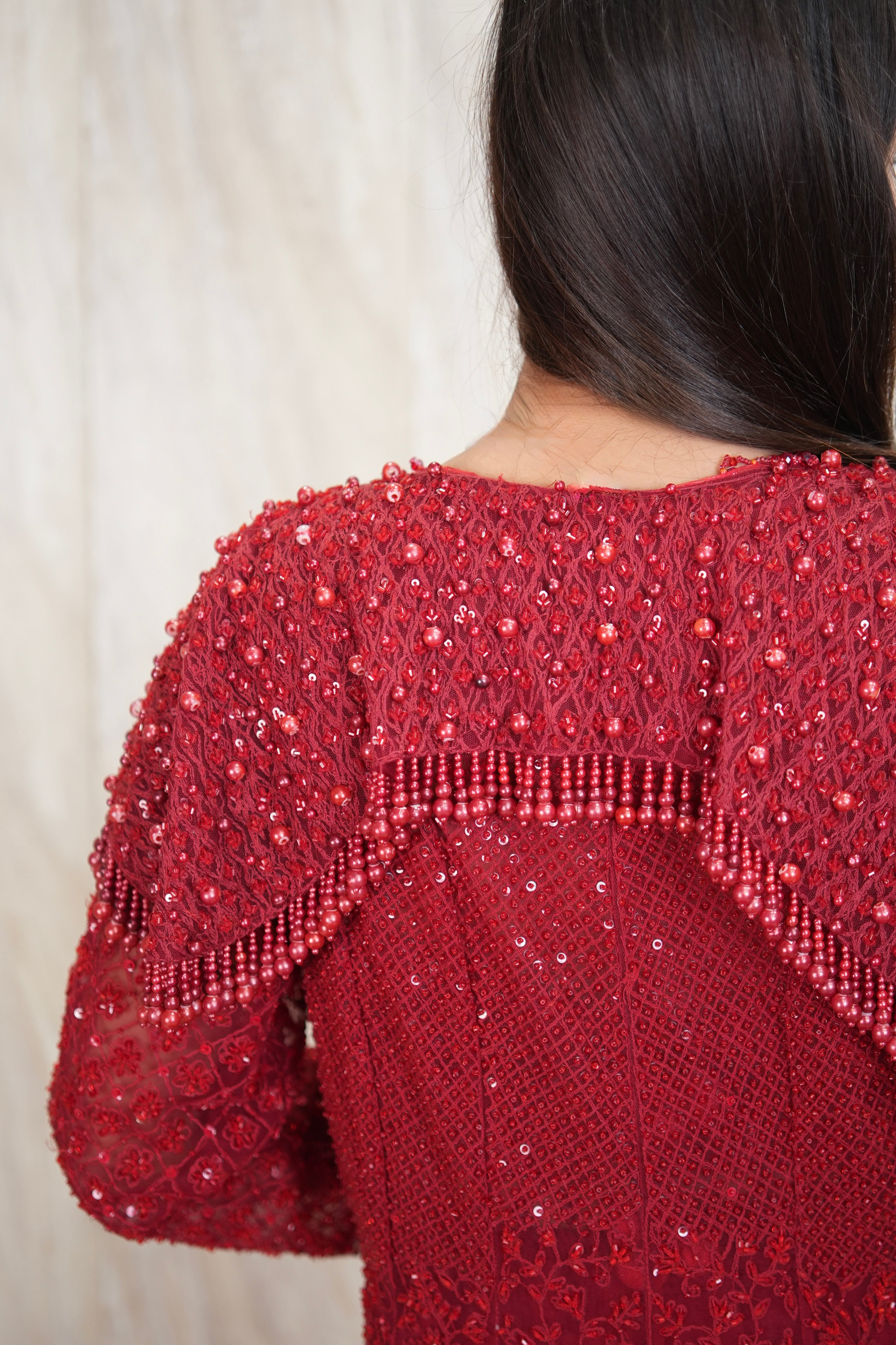 Signature Scarlet Hand-Embroidered Jacket Set with Trail