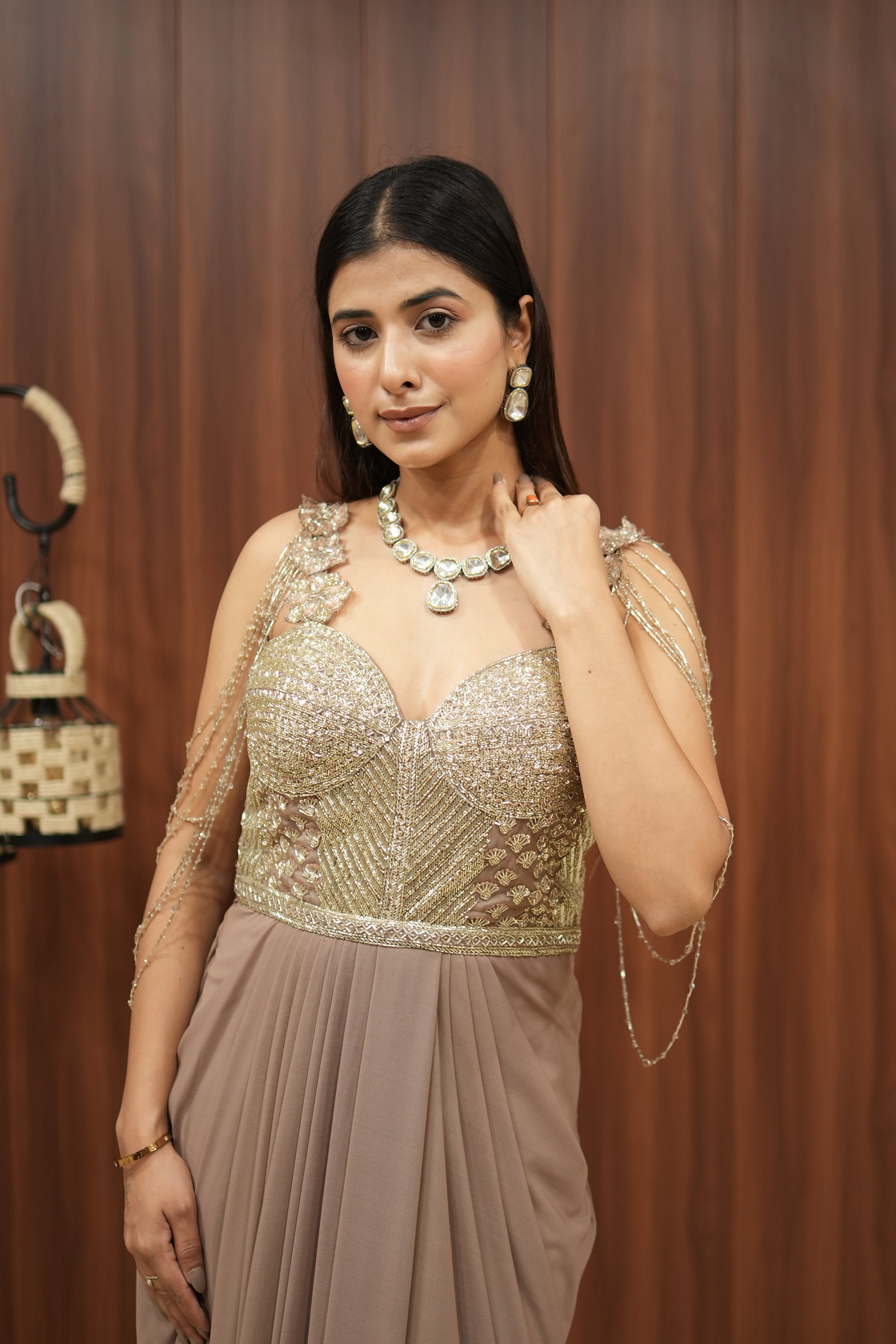 Mocha Gold Embellished Indo-Western Draped Gown