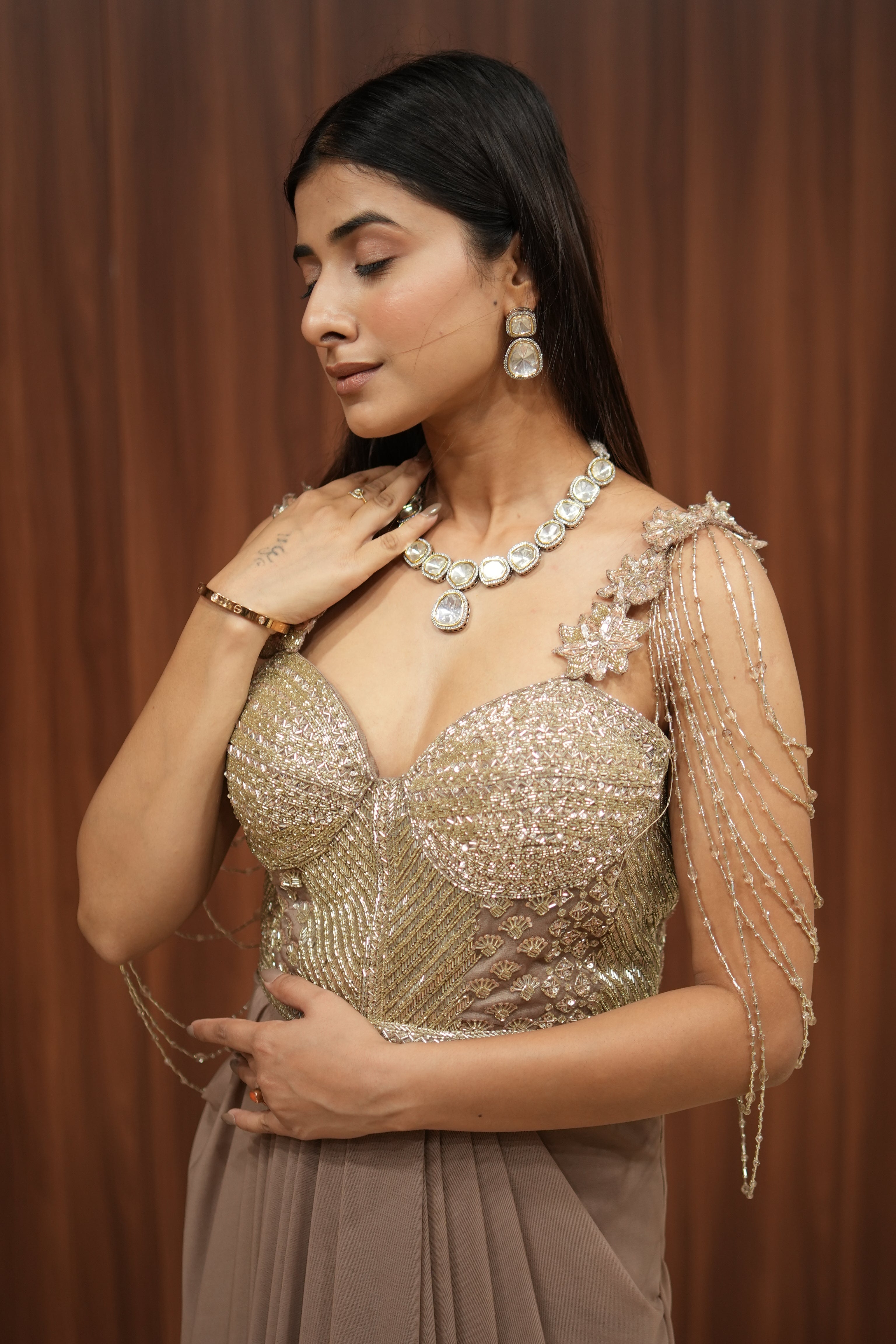 Mocha Gold Embellished Indo-Western Draped Gown