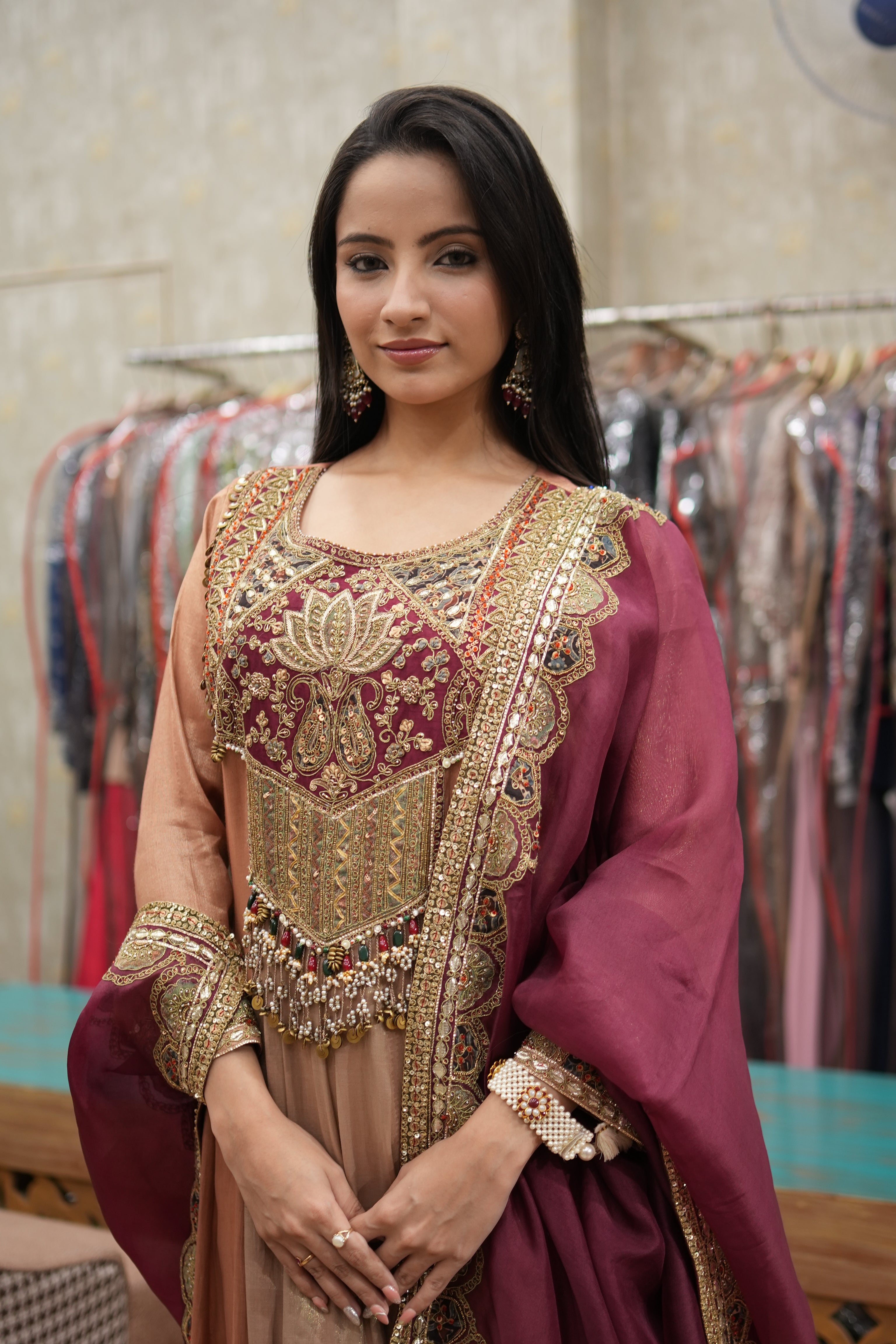 Maroon & Copper Embroidered Anarkali Set