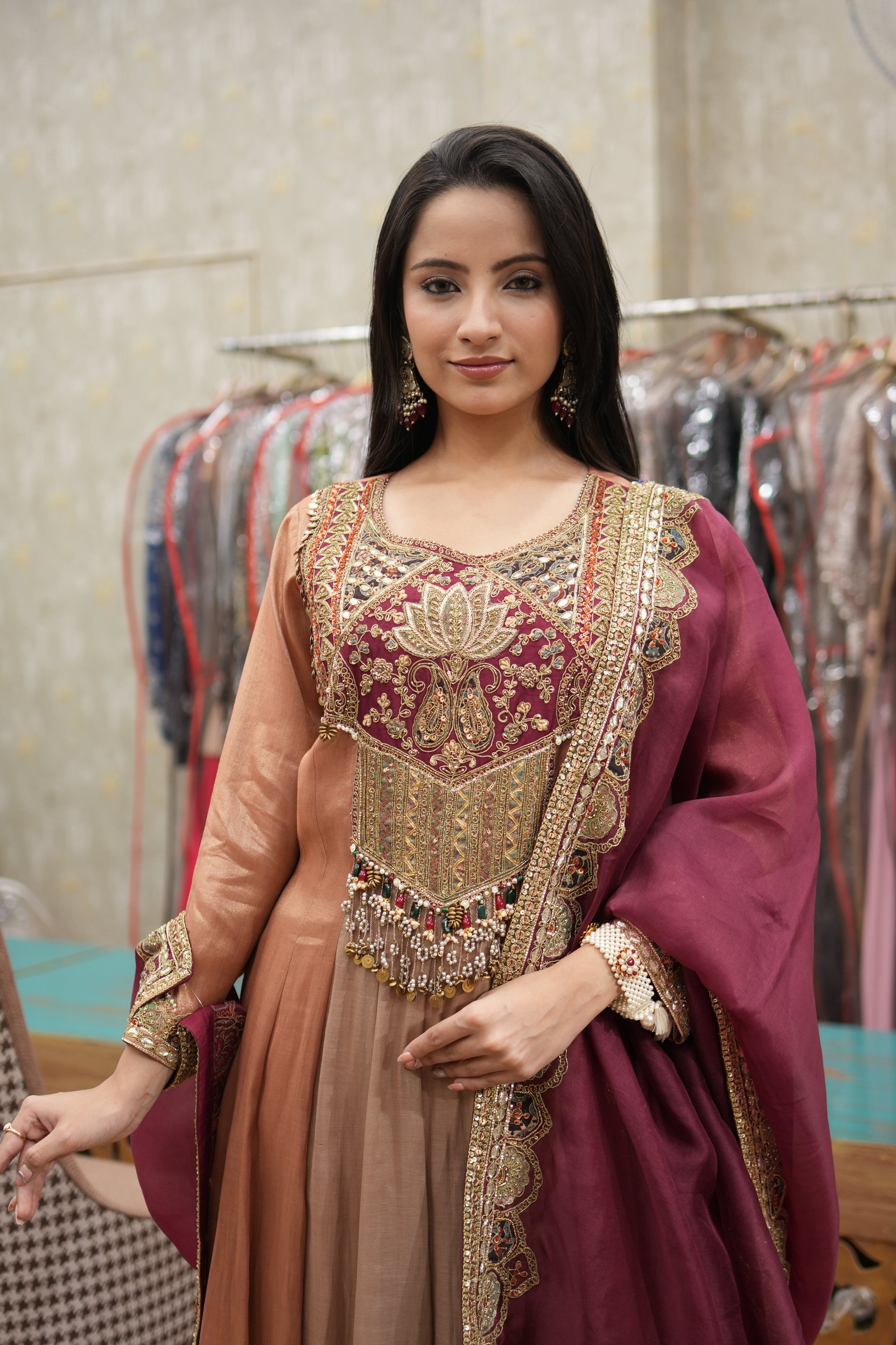 Maroon & Copper Embroidered Anarkali Set