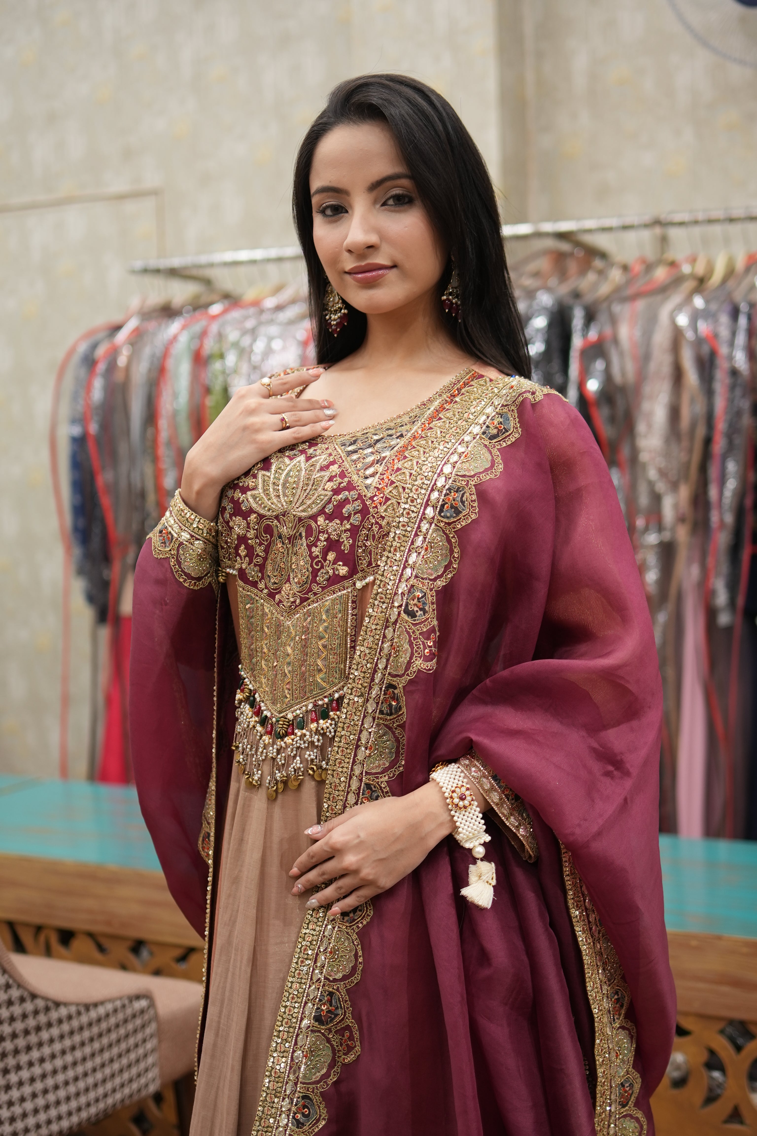 Maroon & Copper Embroidered Anarkali Set
