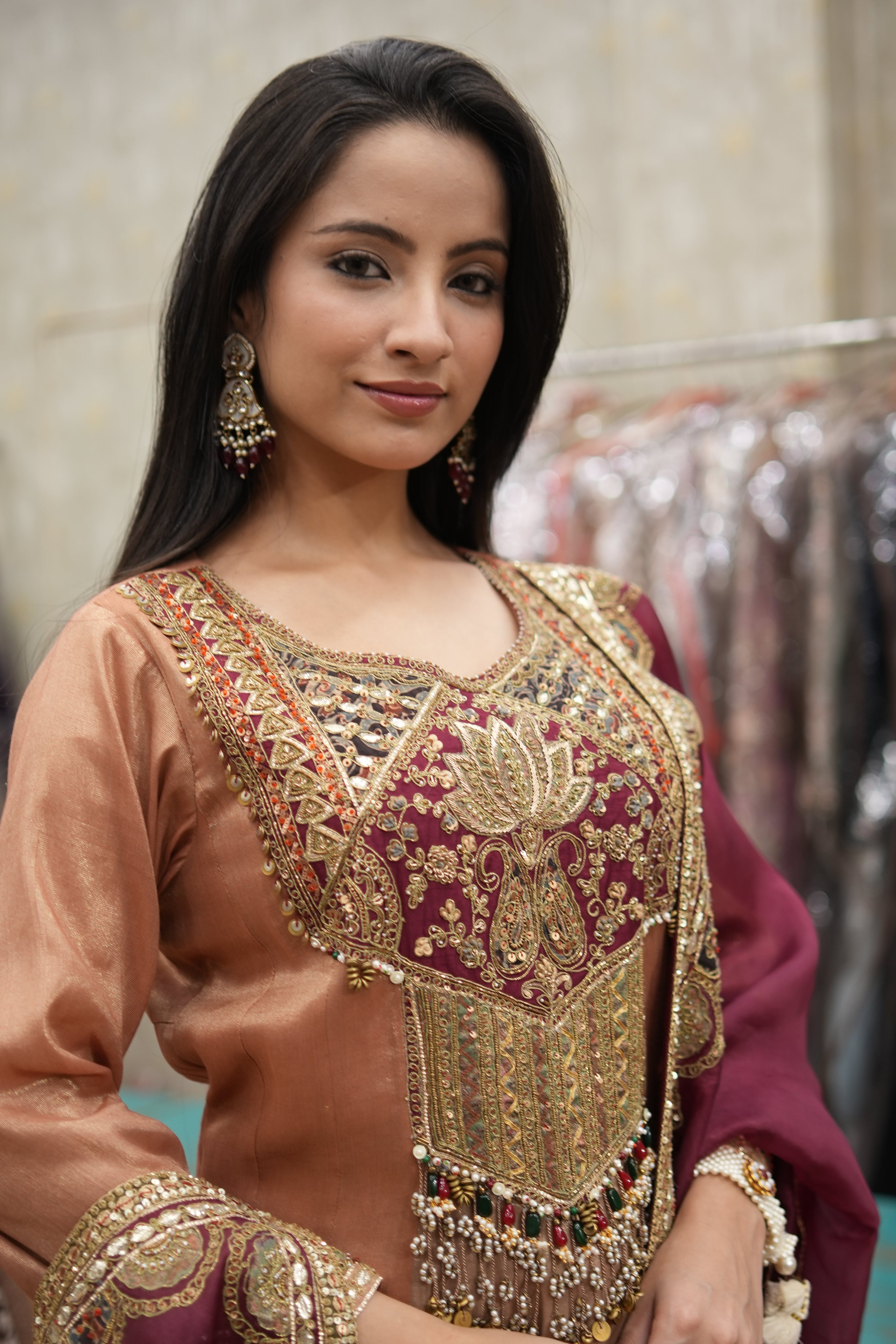 Maroon & Copper Embroidered Anarkali Set