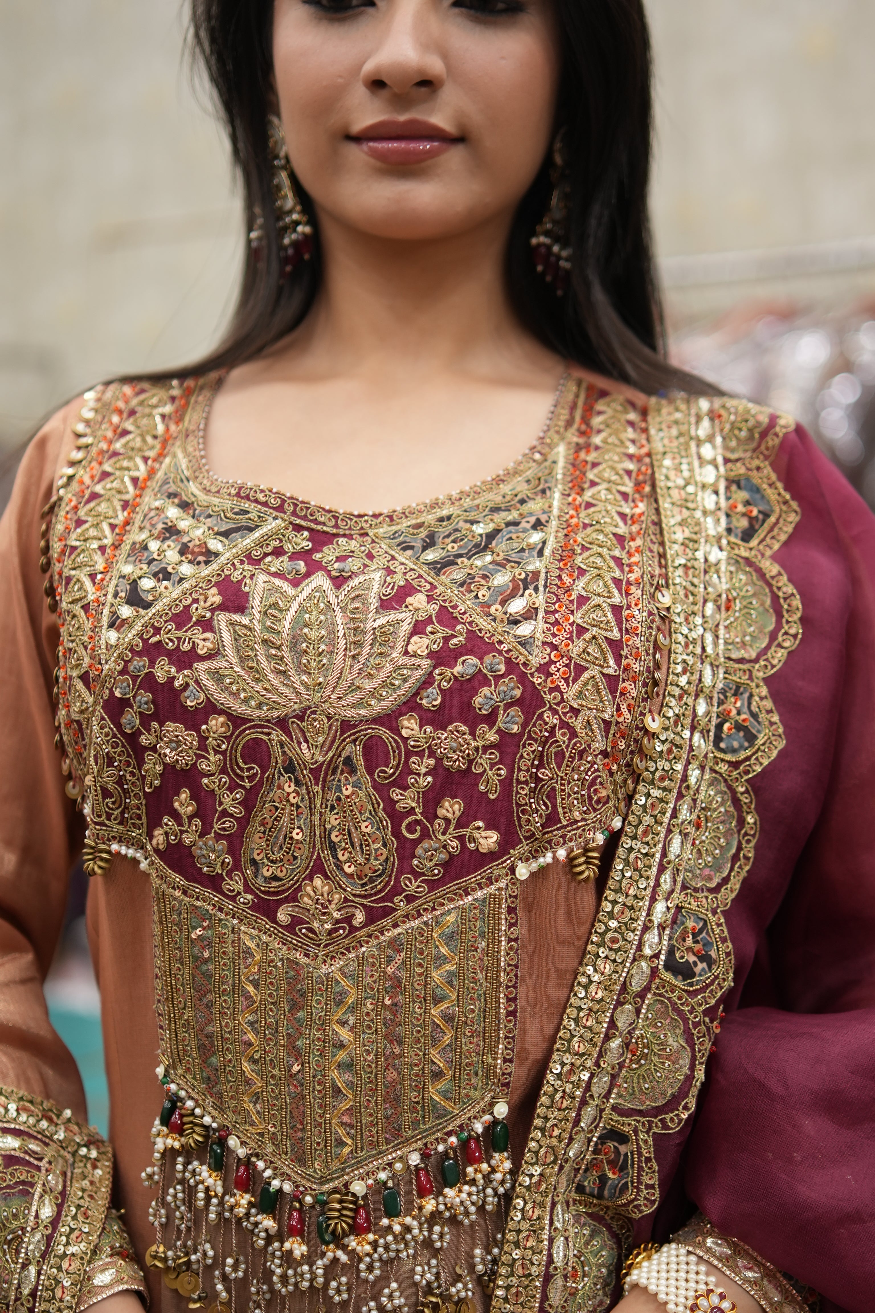 Maroon & Copper Embroidered Anarkali Set