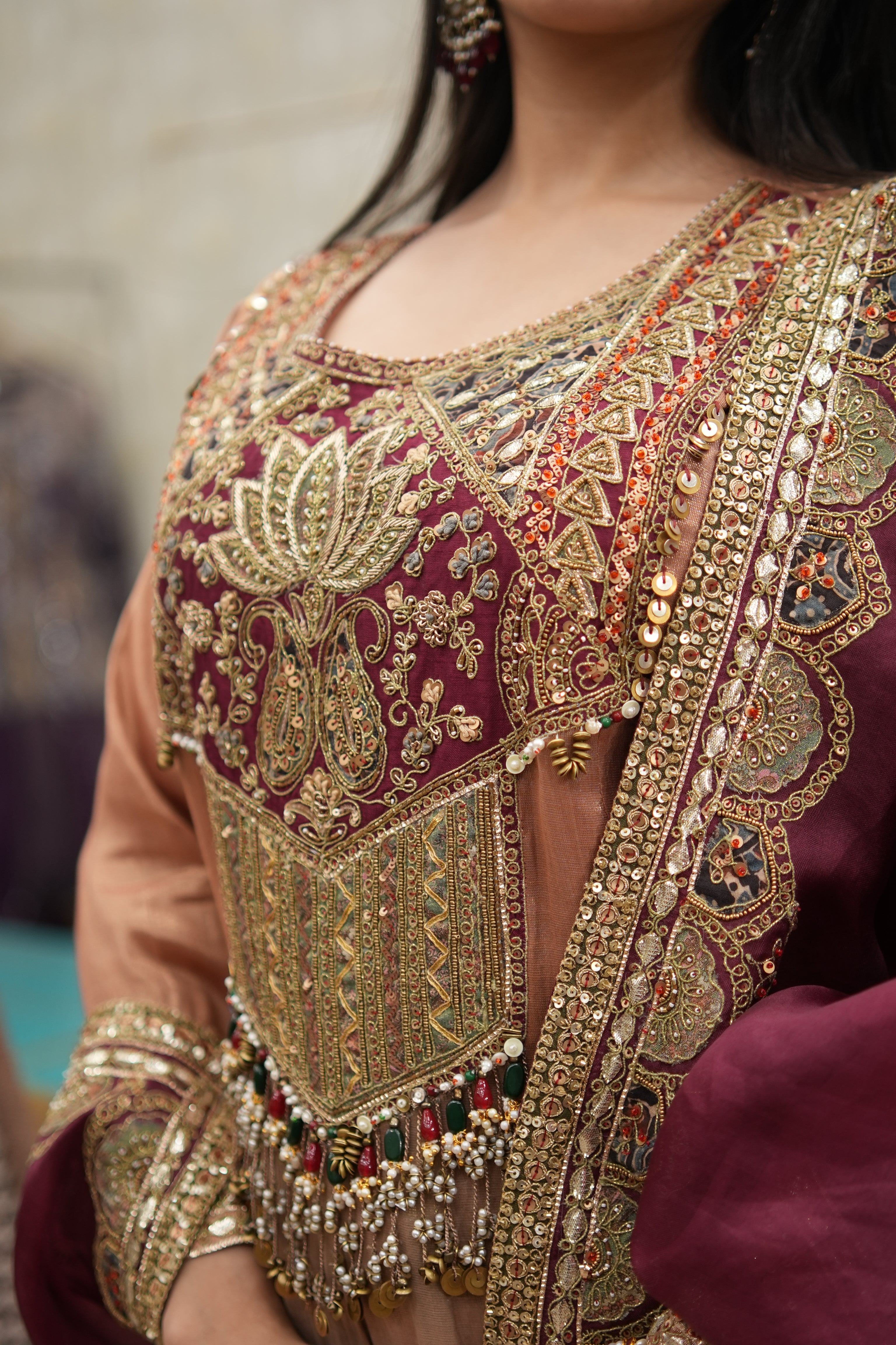Maroon & Copper Embroidered Anarkali Set