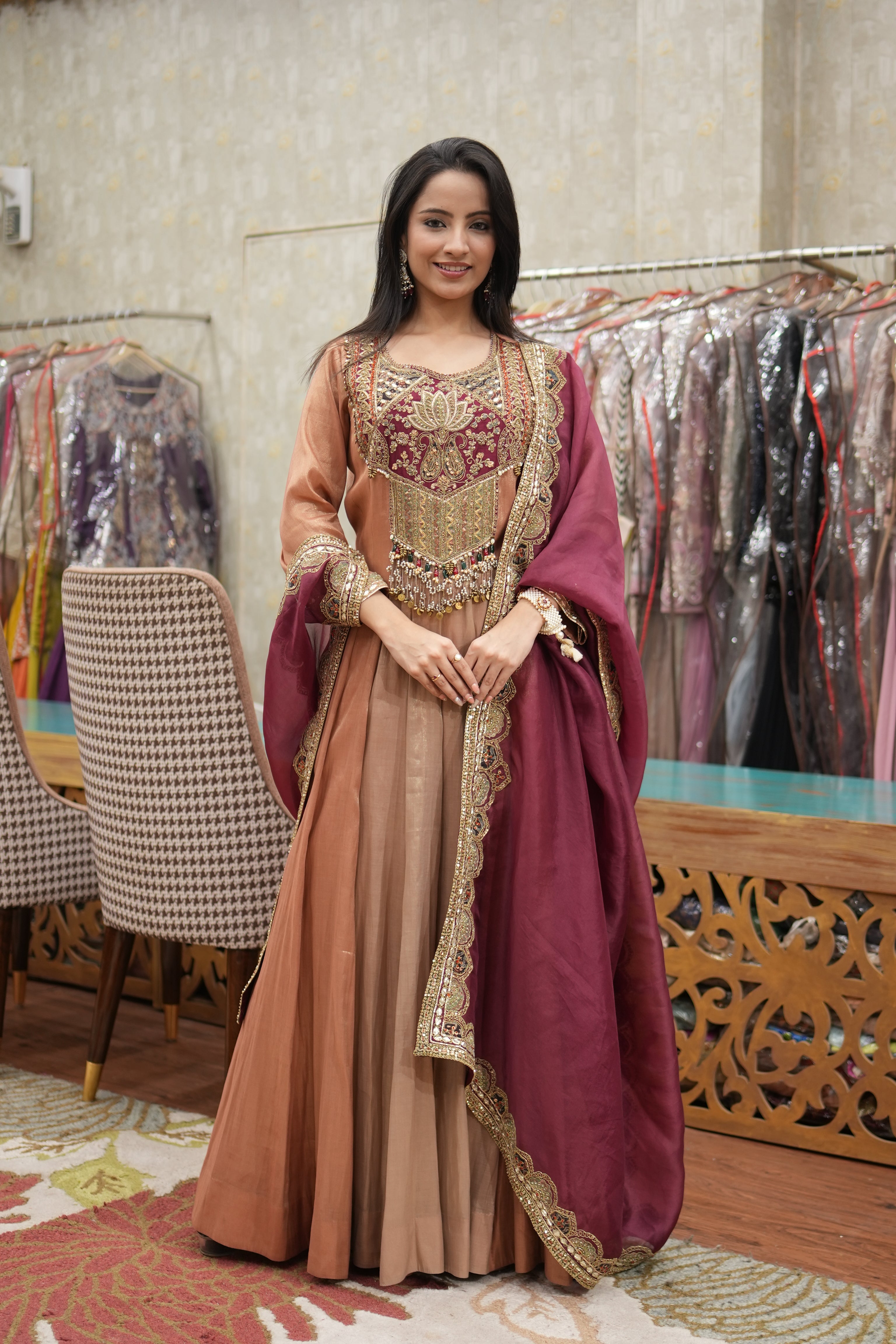 Maroon & Copper Embroidered Anarkali Set