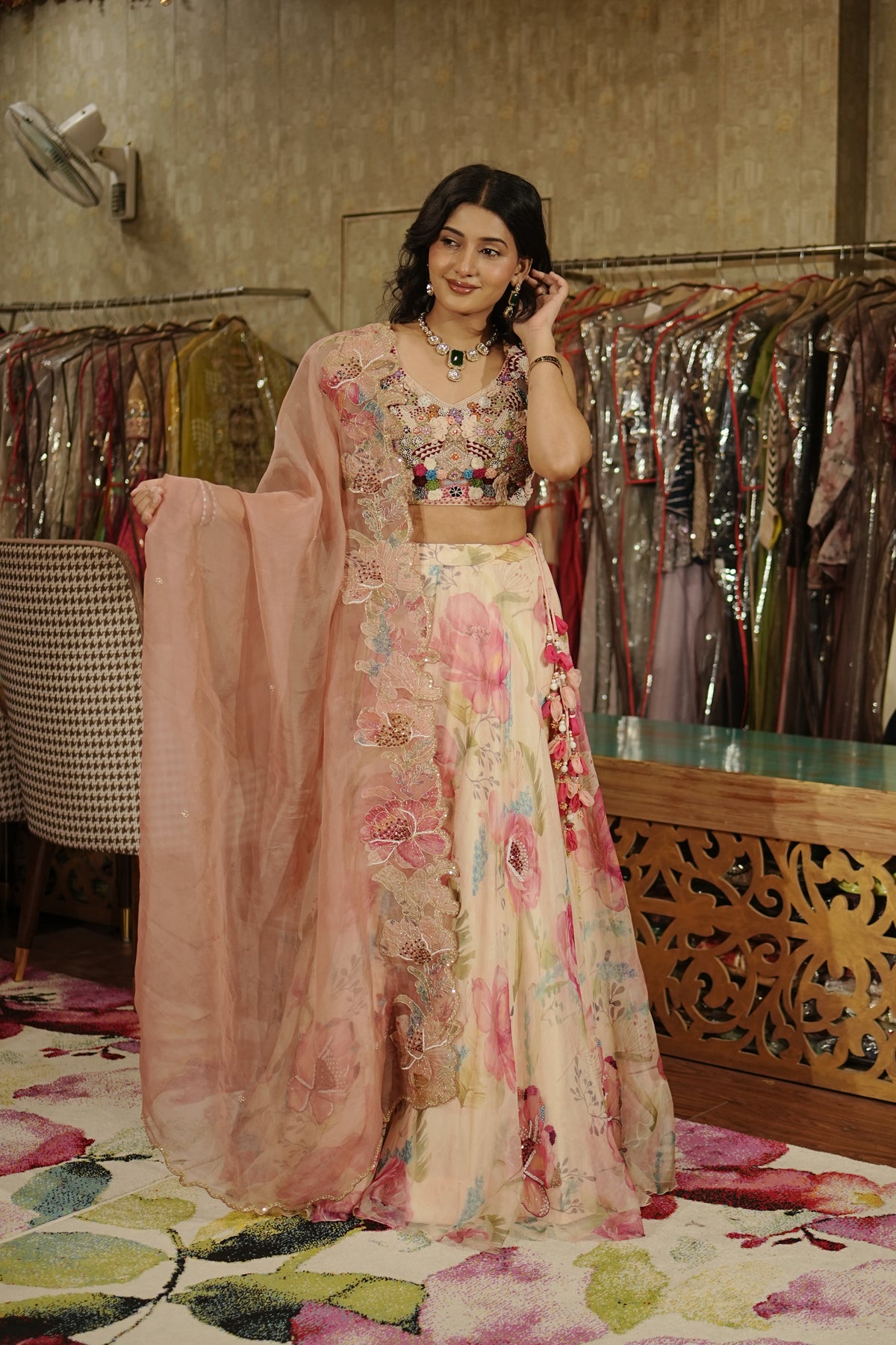 Multicoloured Floral Embroidered Lehenga Set