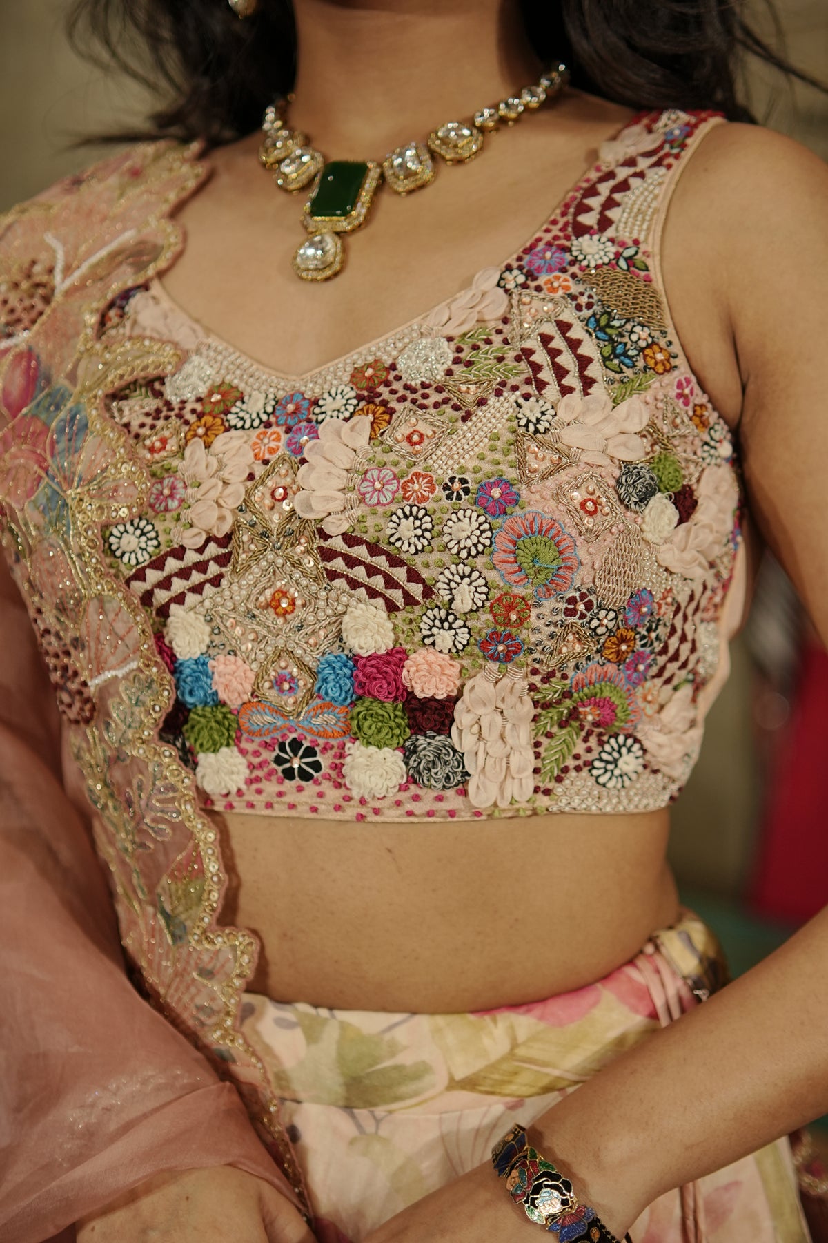 Multicoloured Floral Embroidered Lehenga Set