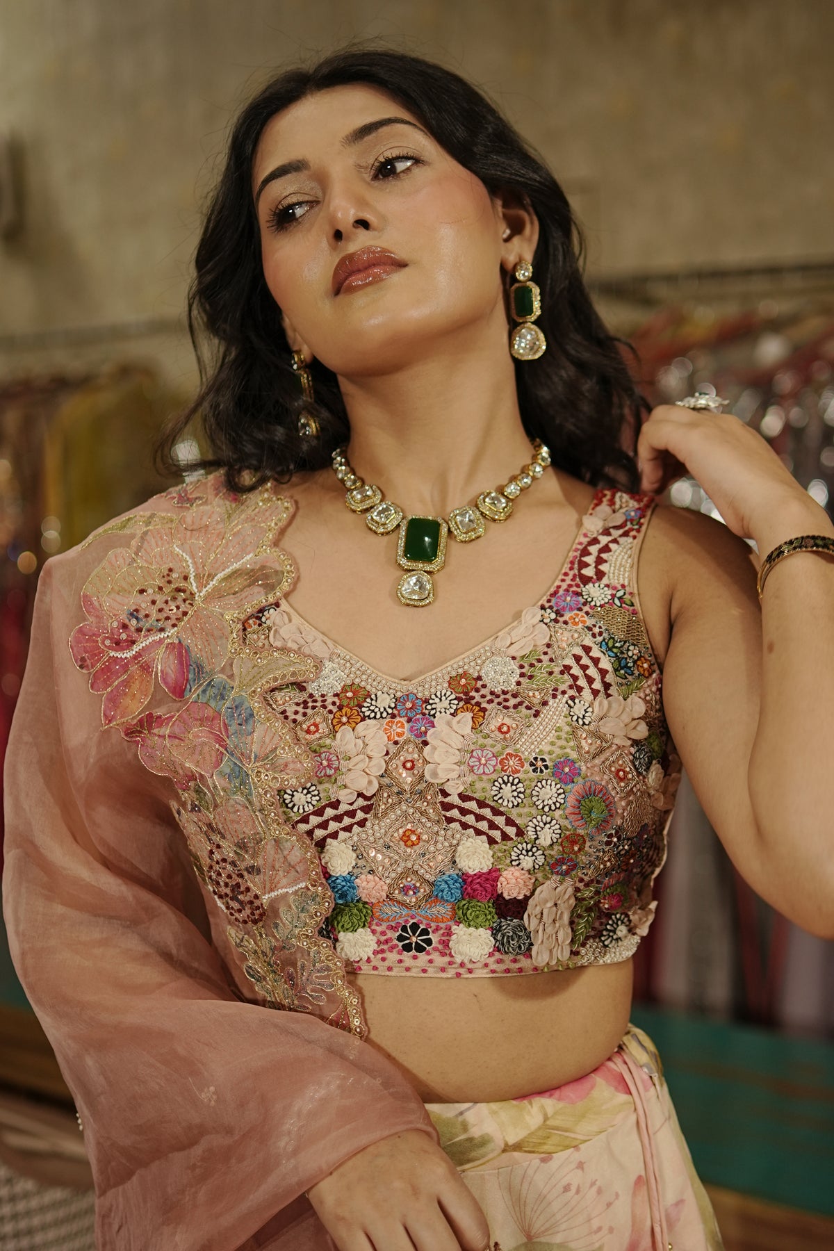 Multicoloured Floral Embroidered Lehenga Set