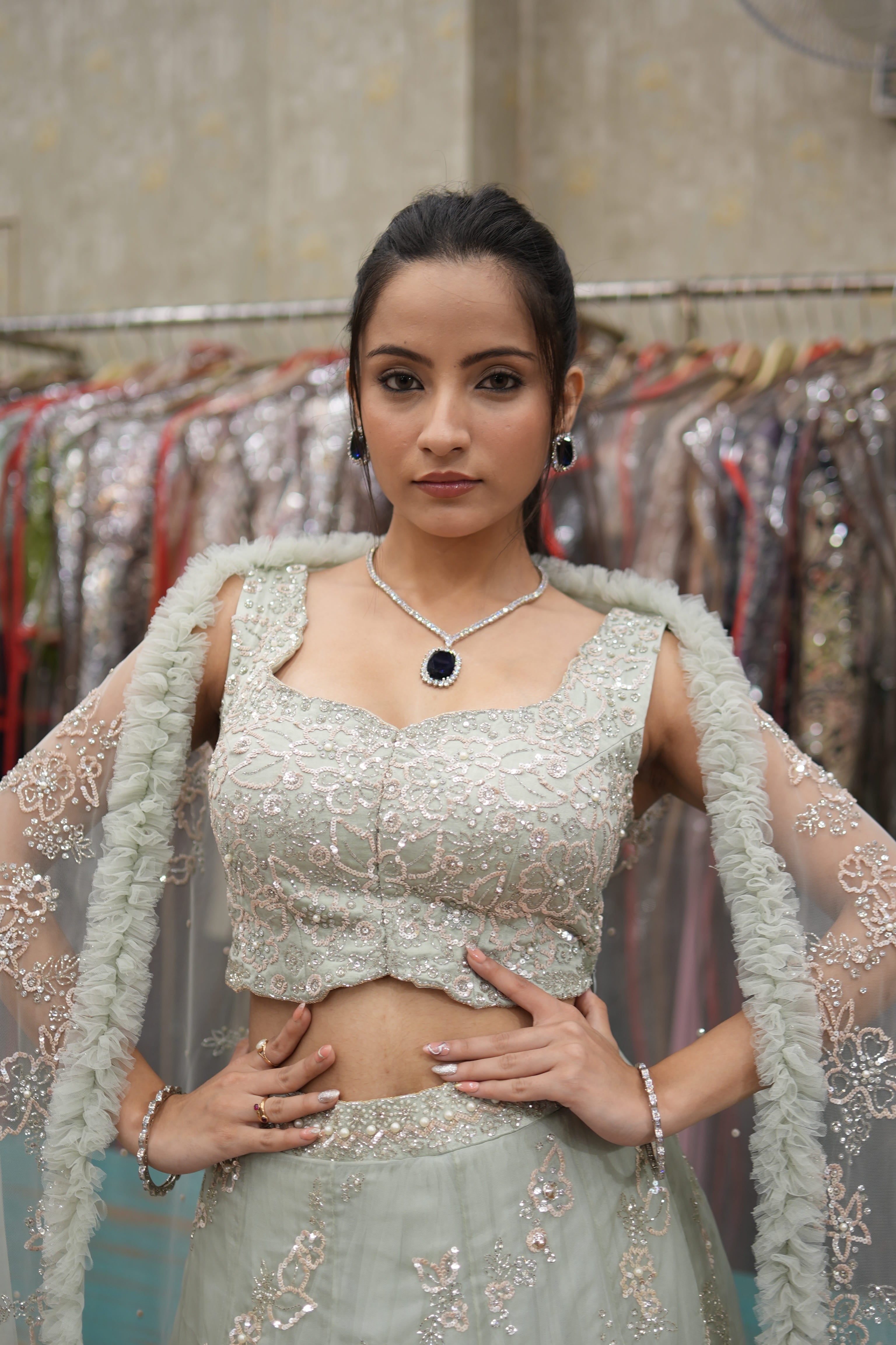 Mint Élan Aqua Embroidered Indo-Western Set