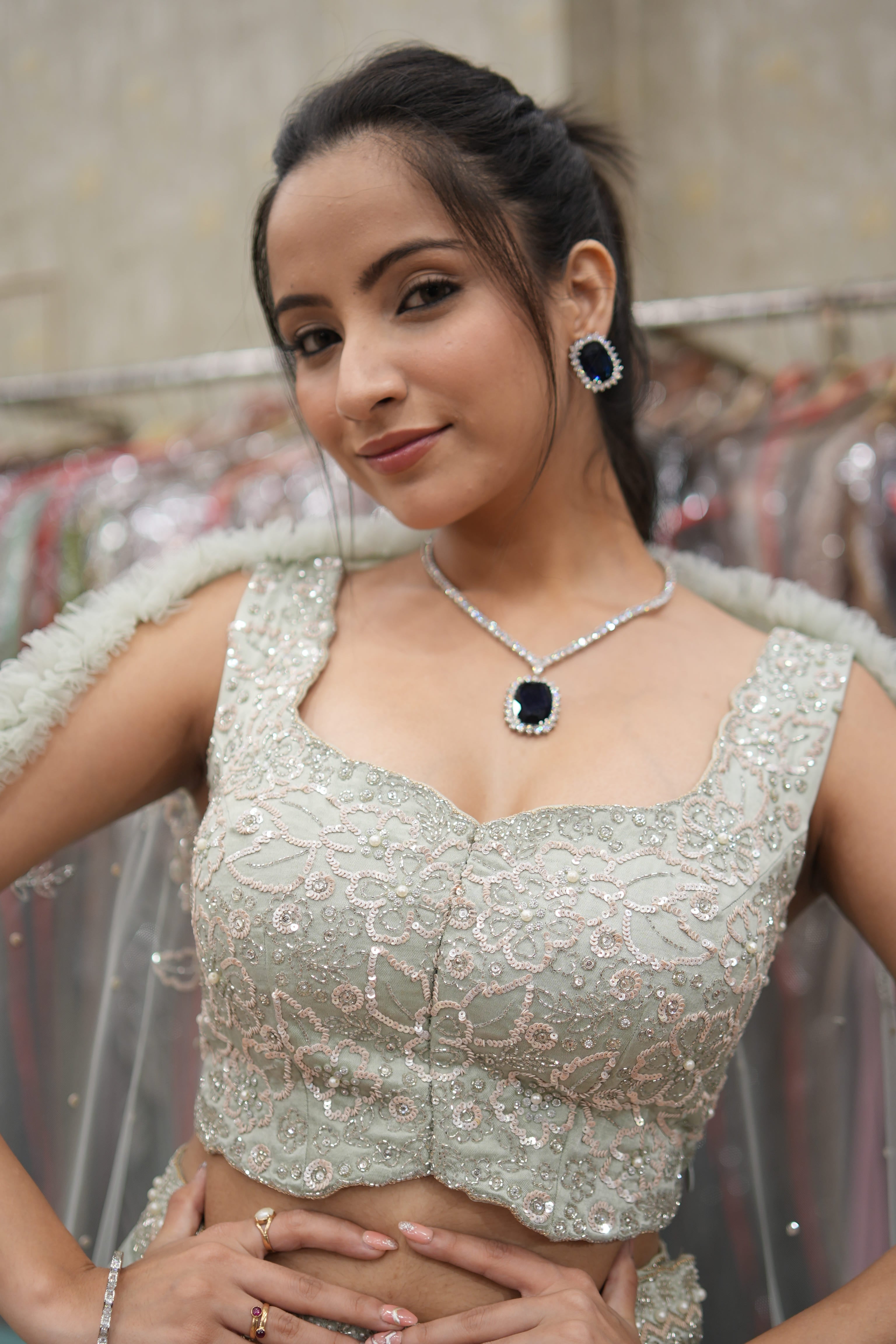Mint Élan Aqua Embroidered Indo-Western Set