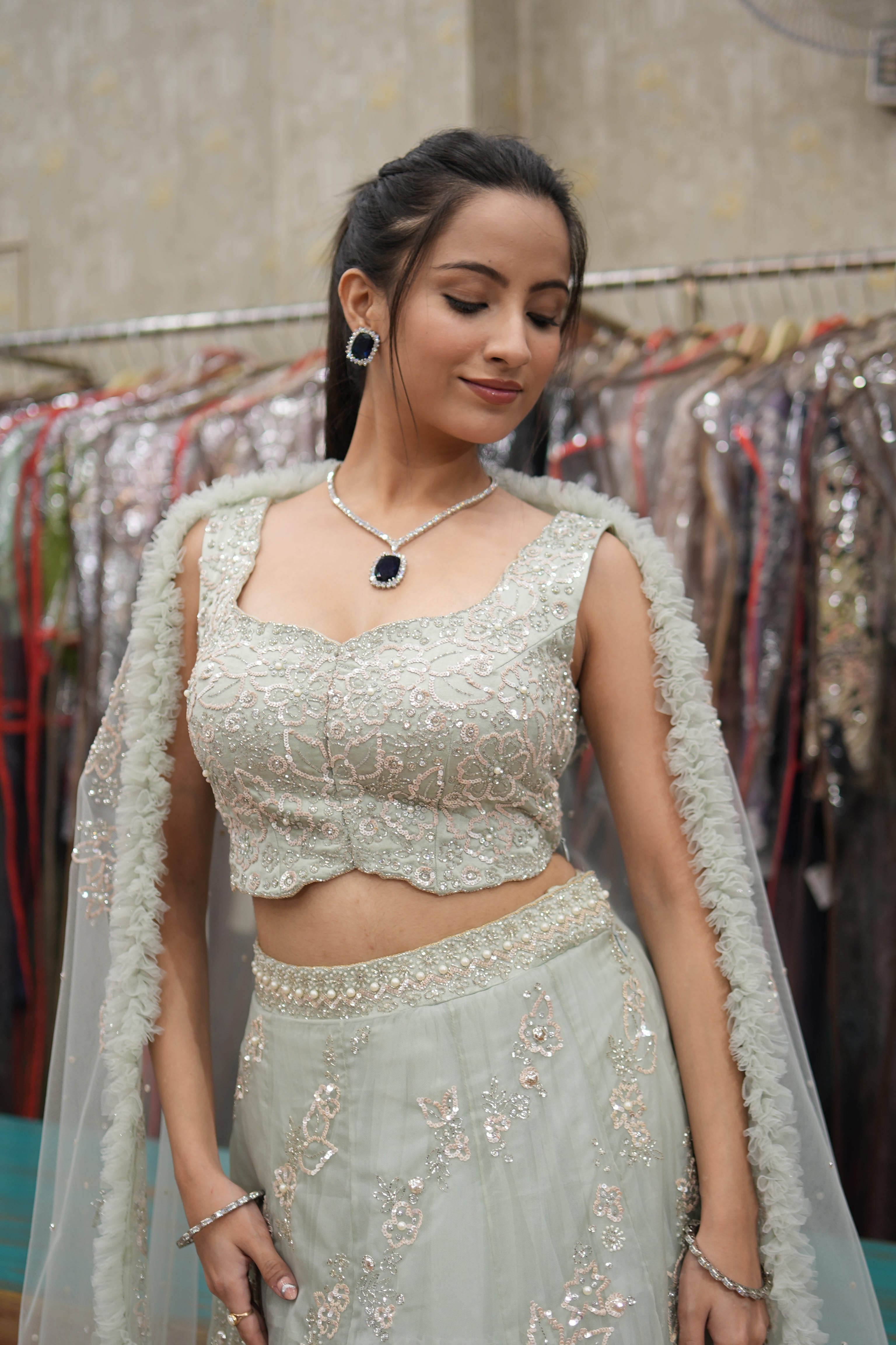 Mint Élan Aqua Embroidered Indo-Western Set