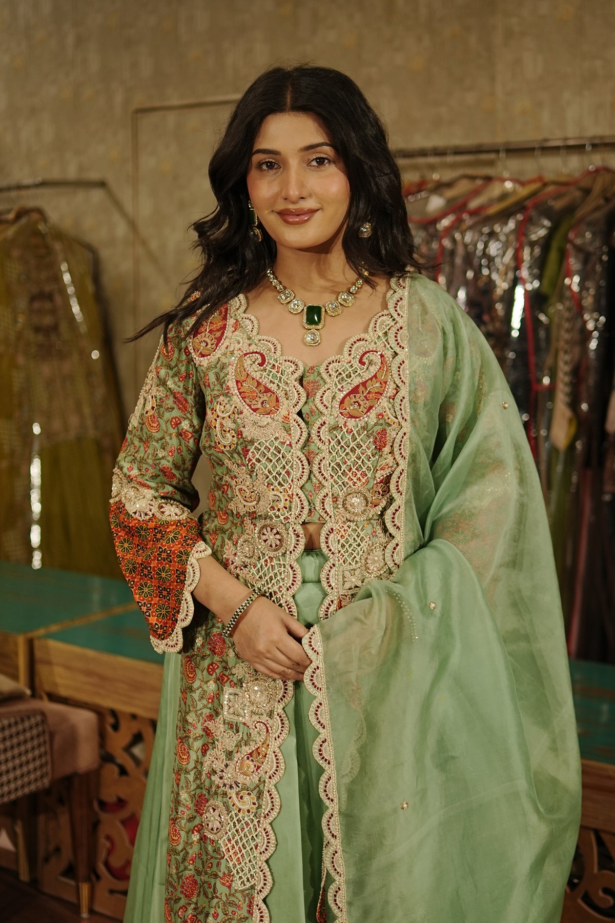 Sage Green Kalamkari Indo western Set