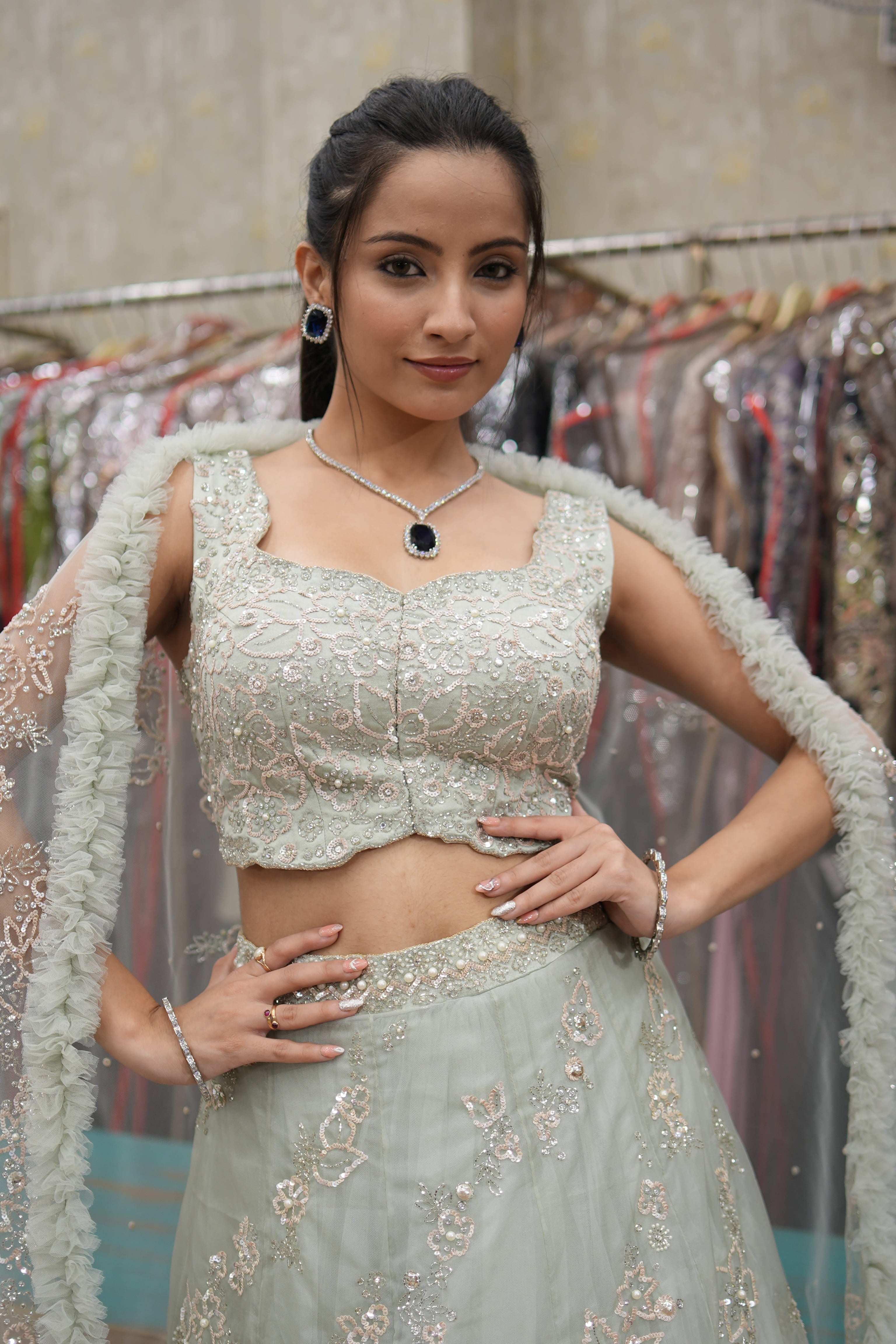 Mint Élan Aqua Embroidered Indo-Western Set