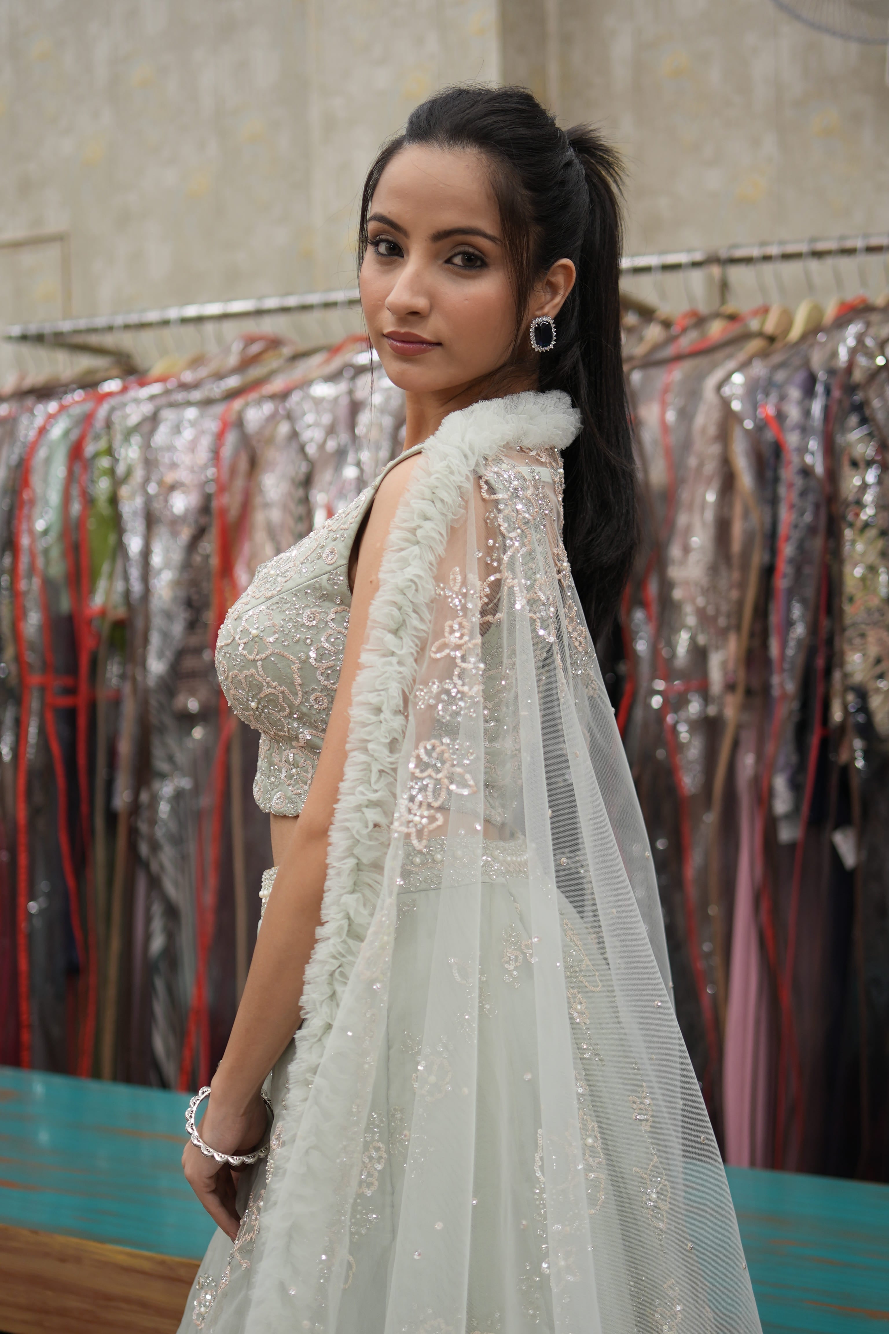 Mint Élan Aqua Embroidered Indo-Western Set