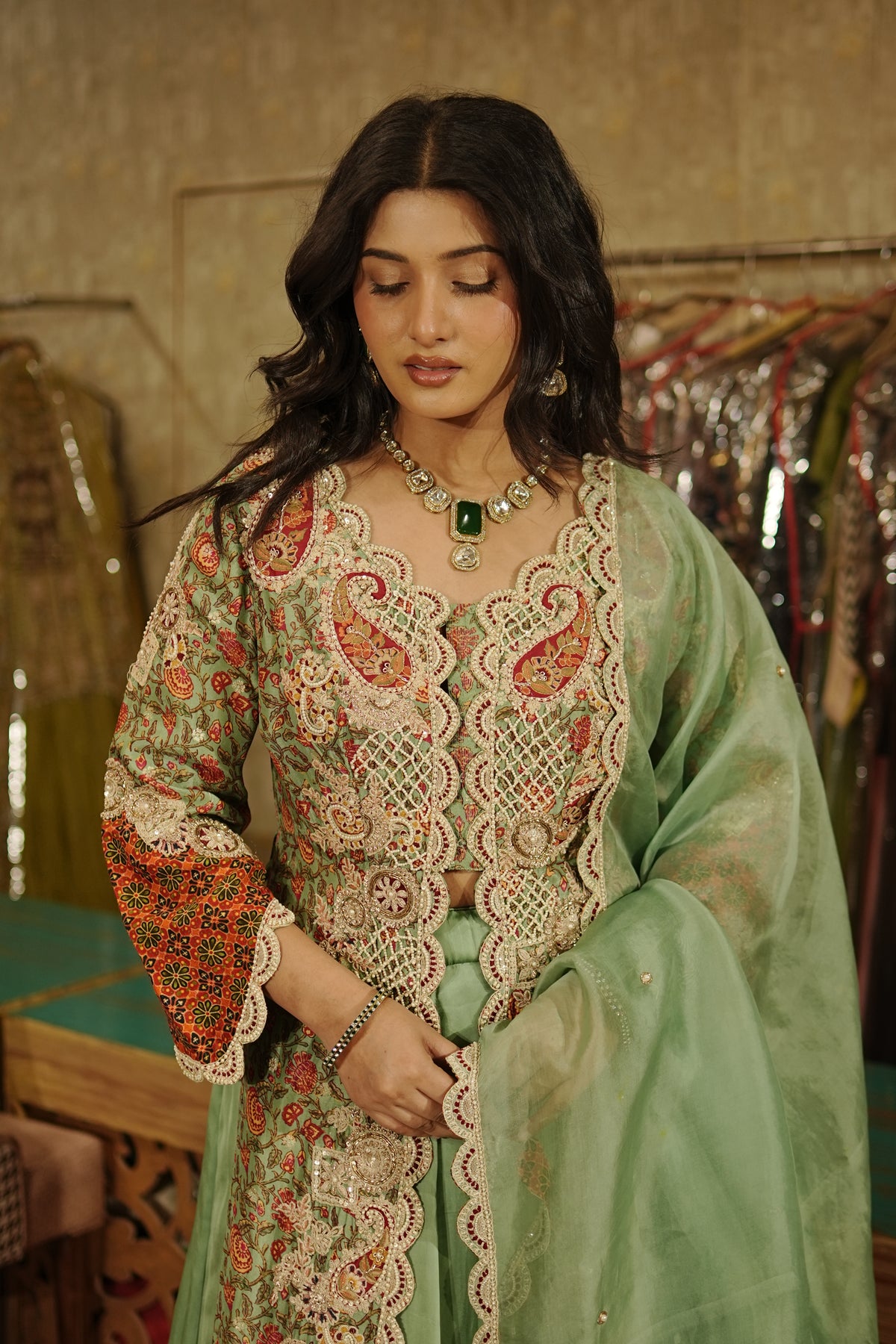 Sage Green Kalamkari Indo western Set