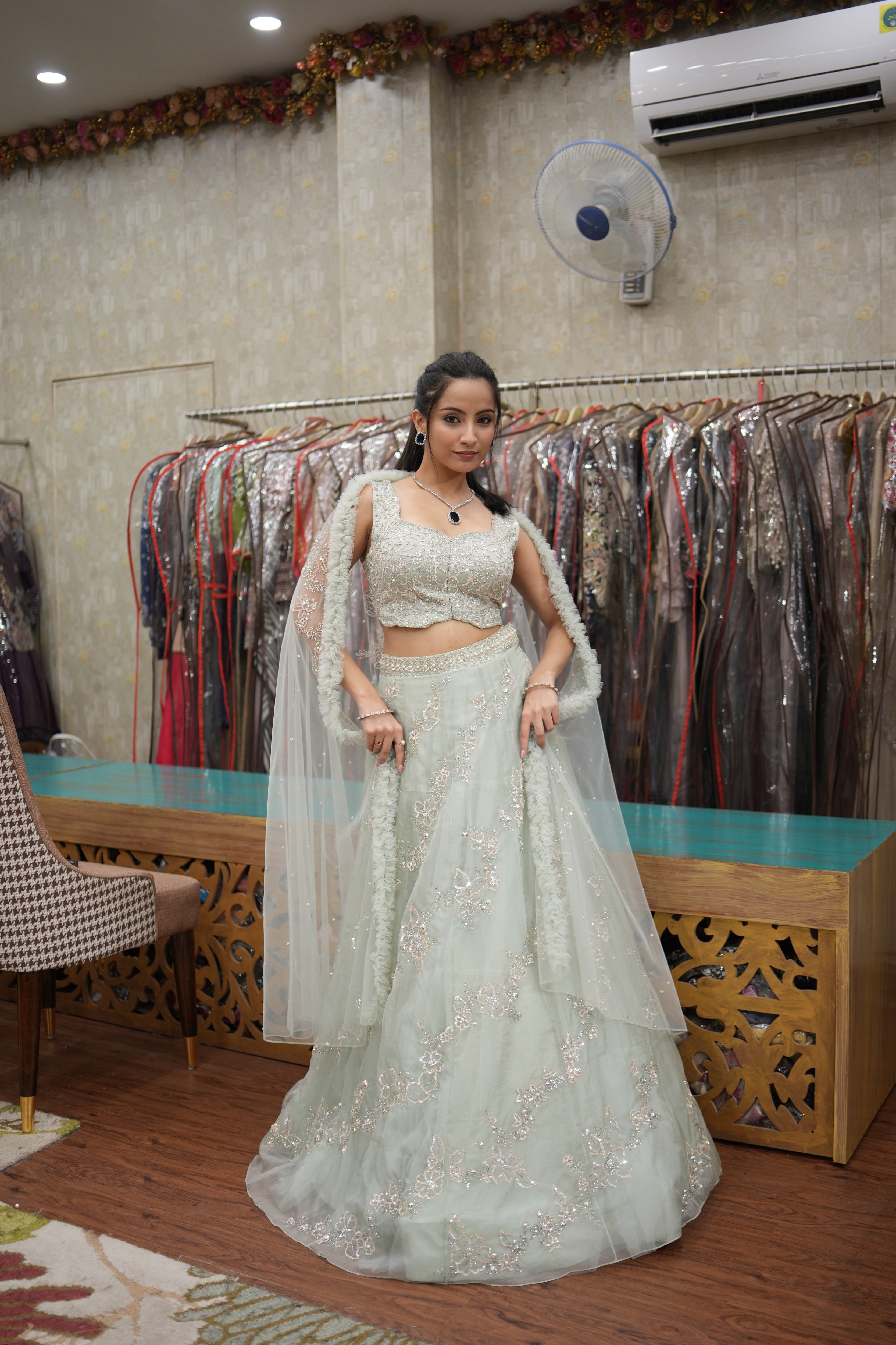 Mint Élan Aqua Embroidered Indo-Western Set